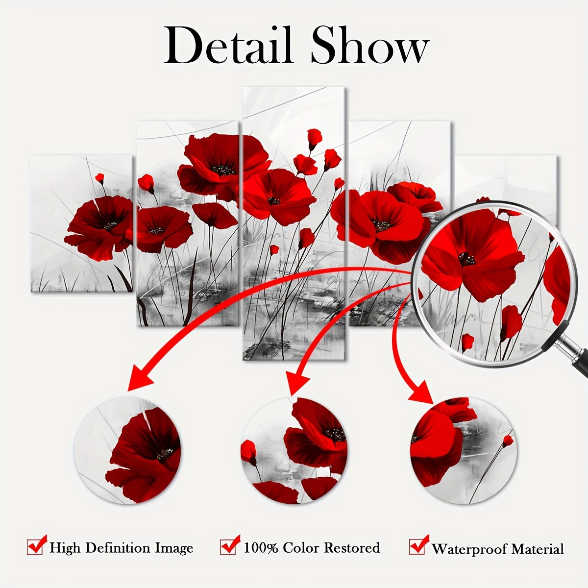 5pcs Modern Red Poppy Canvas Art Set - Vibrant Five-Panel Wall Decor, Waterproof & Odorless, Perfect for Living Room, Bedroom, or Kitchen, Ideal Gift for Family and Friends, Poppy Flower Decor