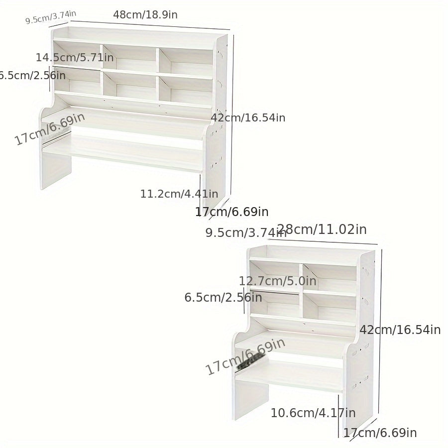 Ergonomic Double-Layer Dorm Desk Organizer with Slanted Pen Holder, Heightening Bookshelf & Drawer Storage - Matte White PVC, Ideal for Stationery, Cosmetics & Office Supplies, Dorm Room Organizer|Modern Desk Organizer|Compar