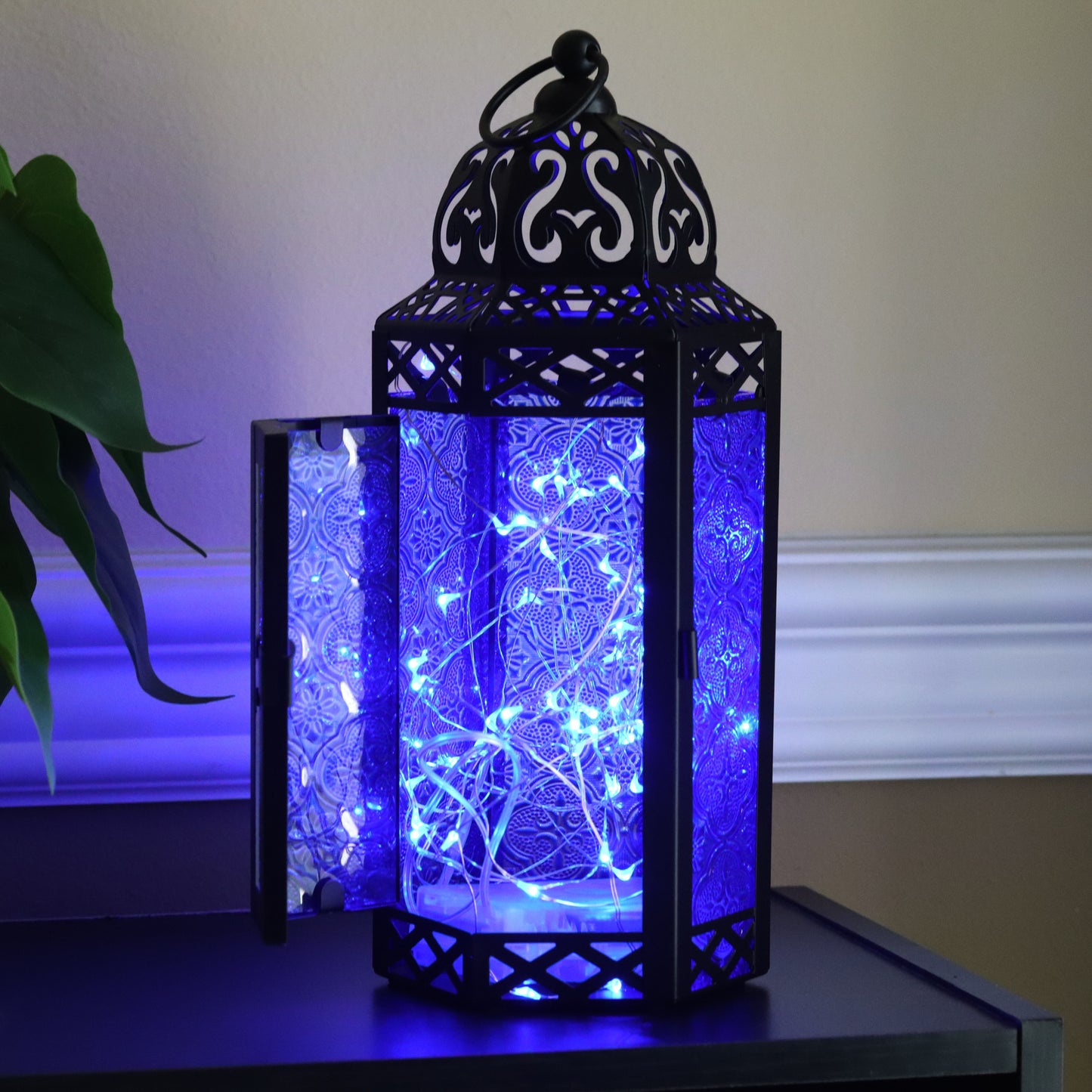 Stunning Ambient Lighting Safe and Stylish Glass Metal Moroccan Candle Lantern Holder Lamp with Battery-Operated LED Lights plus Remote Control – Handcrafted Lantern with Intricate Design and Embossed Glass, Indoor Home Dec