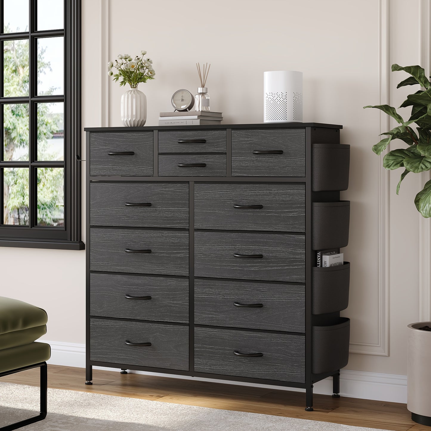 AOWOS 12 Drawer Fabric Dresser with Metal Frame And Wooden Tabletop, Chest of Drawers with Side Pockets And Hooks, Storage Dresser, Fabric Storage Tower, Fabric Drawer Organizer for Bedroom, Living Room, Closet, Hallway