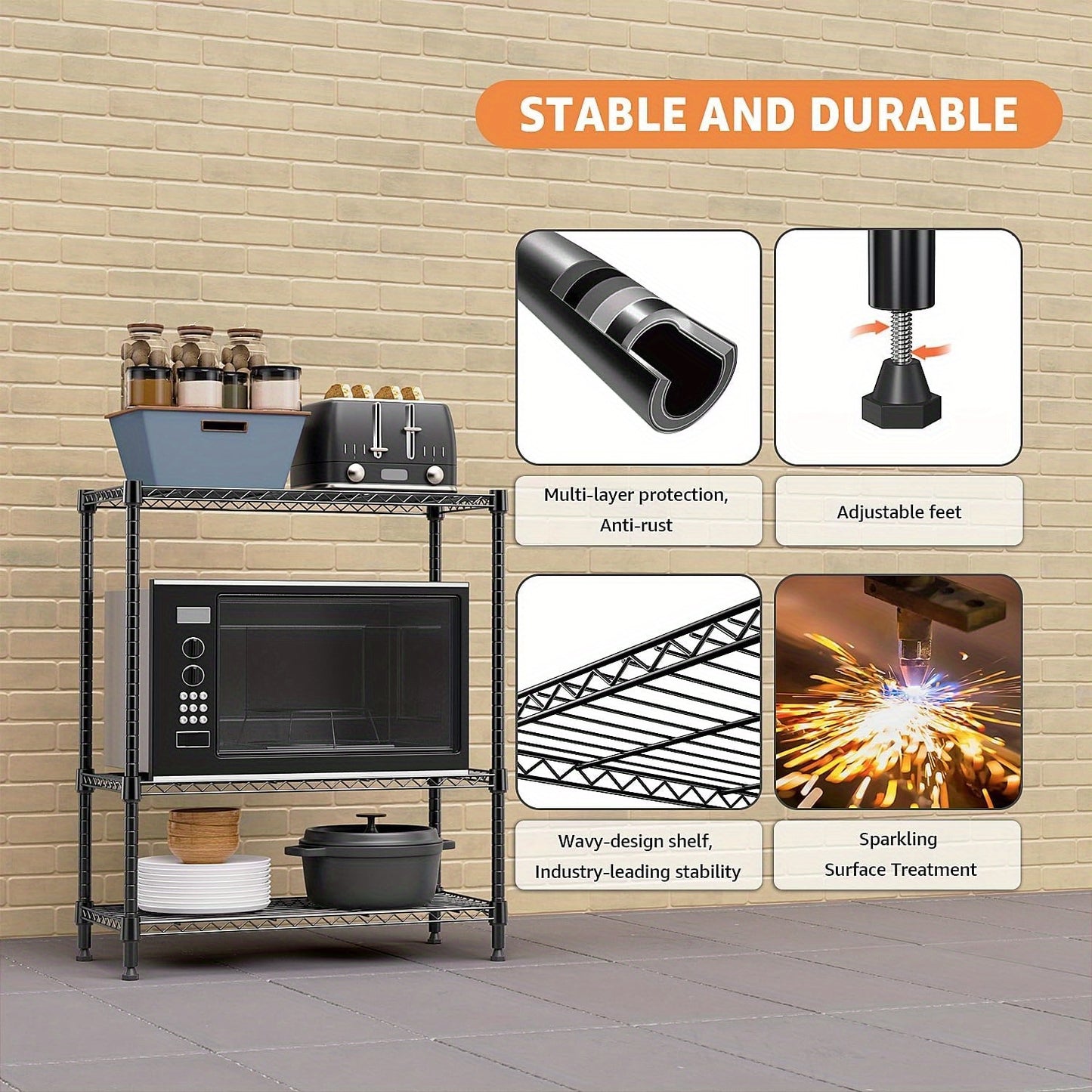 Black M MZG 750 lbs 3-Tier Metal Wire Storage Rack Organizer - Freestanding Shelf for Kitchen, Pantry, Laundry Room - 13.8" x 29.5" x 35.5", Utility Shelves