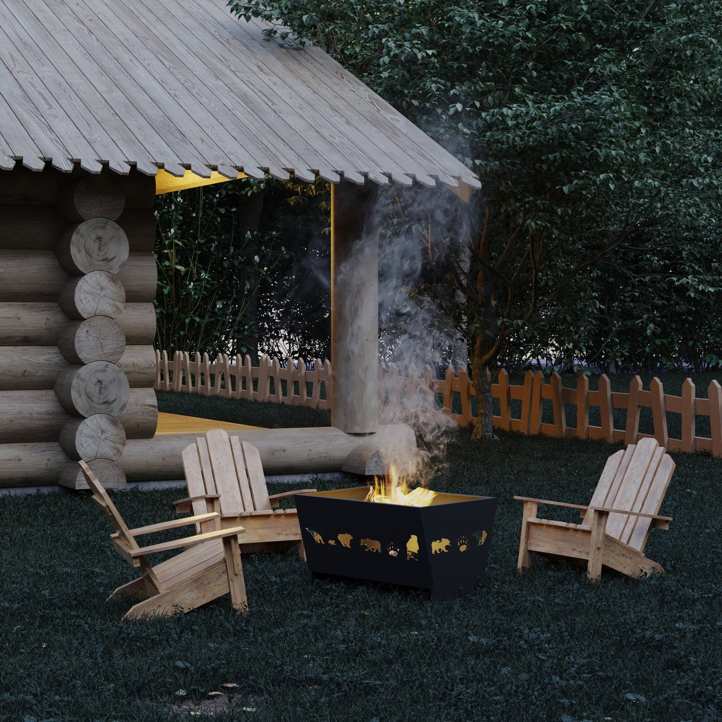 Spacious 26" High Steel Fire Pit with Wildlife Silhouettes - Rectangular Wood Burning Outdoor Fireplace, Mesh Screen Cover Included - Perfect for Patio, Backyard, Garden, Beach & Camping, Fire Pit Accessories