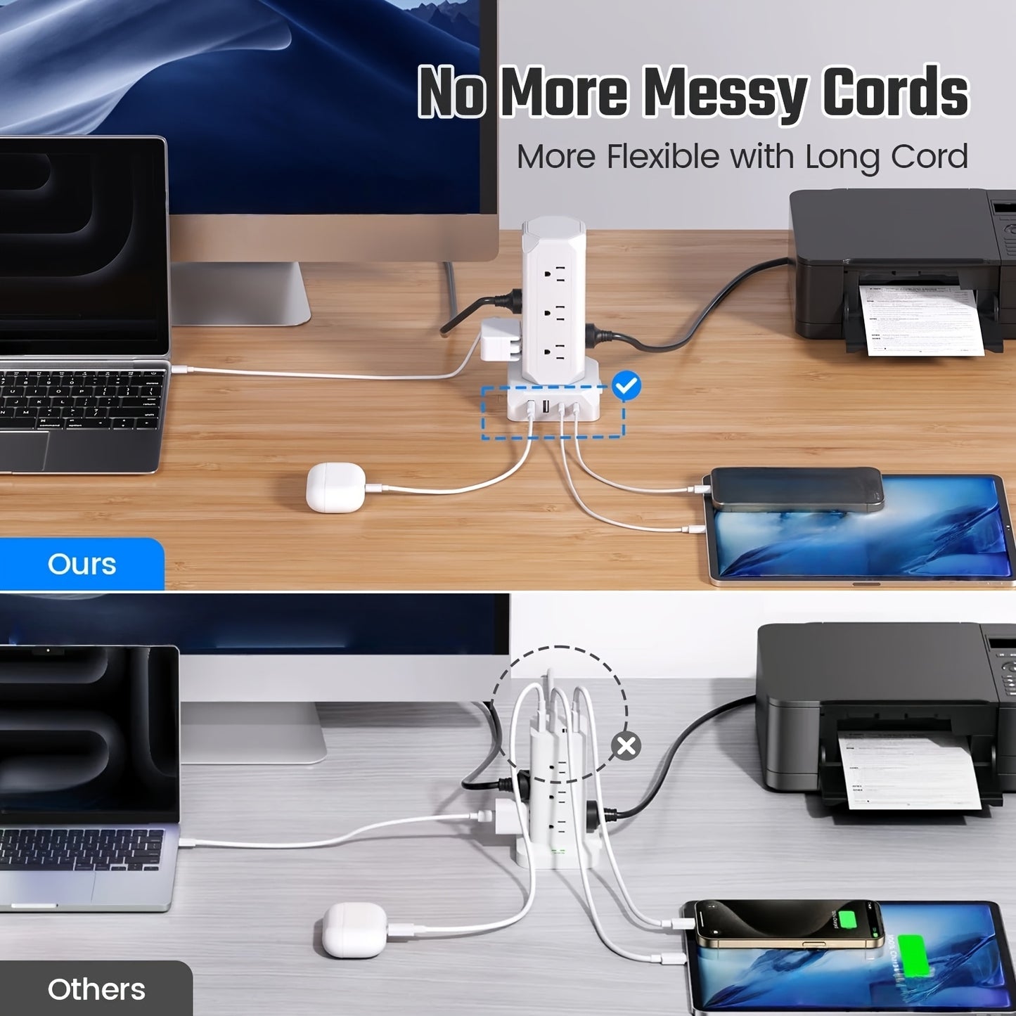 12 Outlets(1625W/13A) Power Strip Tower with 35W USB(2 USB-A & 2 USB-C) Charging Station, 20W PD Fast Charger, Surge Protector, 6.5/10/15ft Flat Plug Extension Cord with Multiple Outlets for Home, Office, Dorm, Multi Outlet P