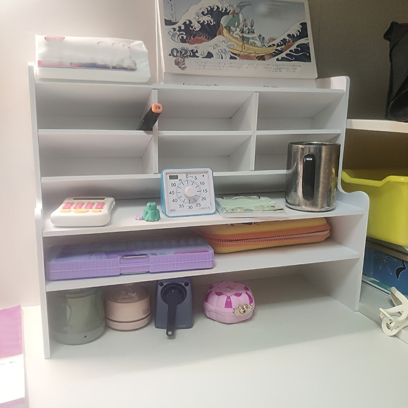 Ergonomic Double-Layer Dorm Desk Organizer with Slanted Pen Holder, Heightening Bookshelf & Drawer Storage - Matte White PVC, Ideal for Stationery, Cosmetics & Office Supplies, Dorm Room Organizer|Modern Desk Organizer|Compar