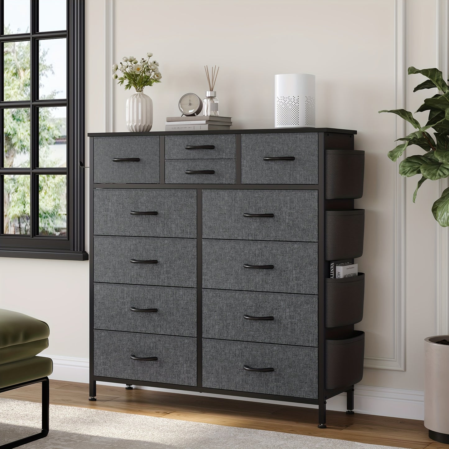 AOWOS 12 Drawer Fabric Dresser with Metal Frame And Wooden Tabletop, Chest of Drawers with Side Pockets And Hooks, Storage Dresser, Fabric Storage Tower, Fabric Drawer Organizer for Bedroom, Living Room, Closet, Hallway