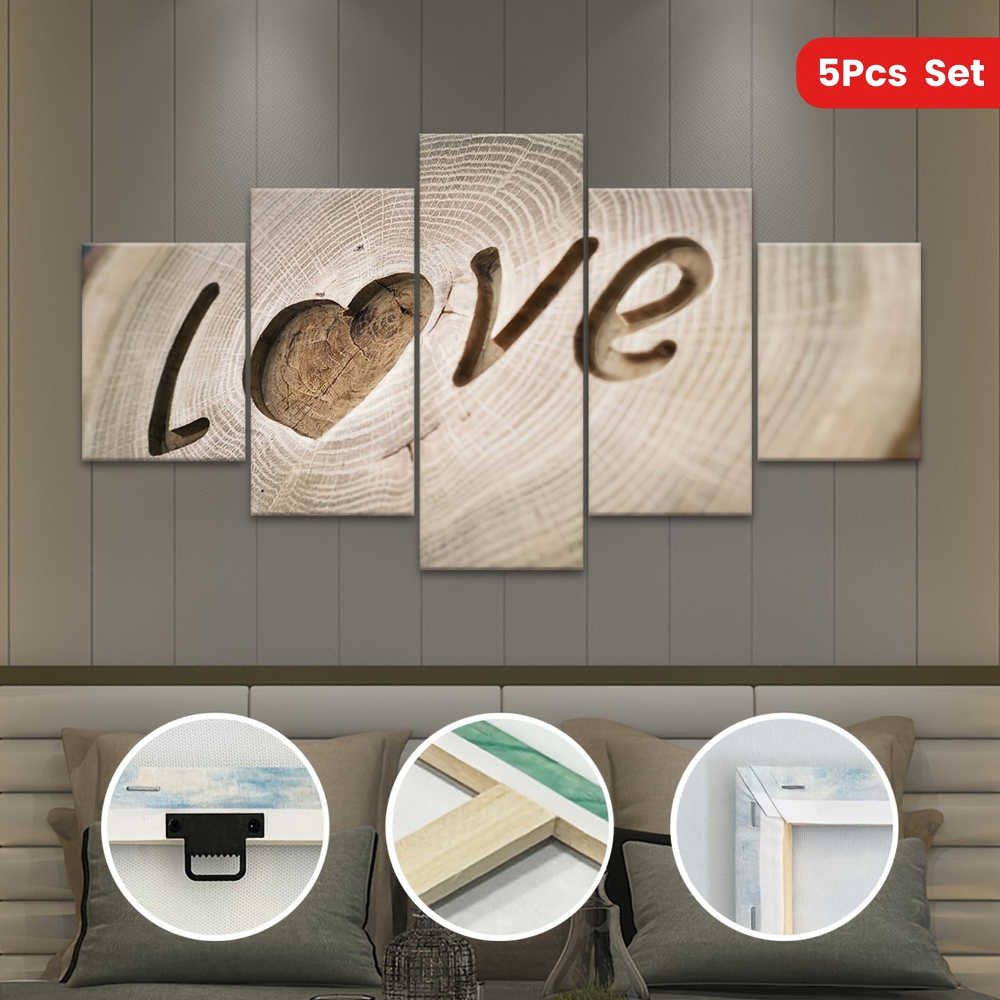 5pcs Love Tree Ring Canvas Art Set - Modern Wood Engraved Wall Decor, Waterproof & Odorless, Ideal for Bedroom, Living Room, Kitchen, Dorm - Perfect Gift for Family & Friends, Living Room Art|Modern Wall Art|Waterproof Print,