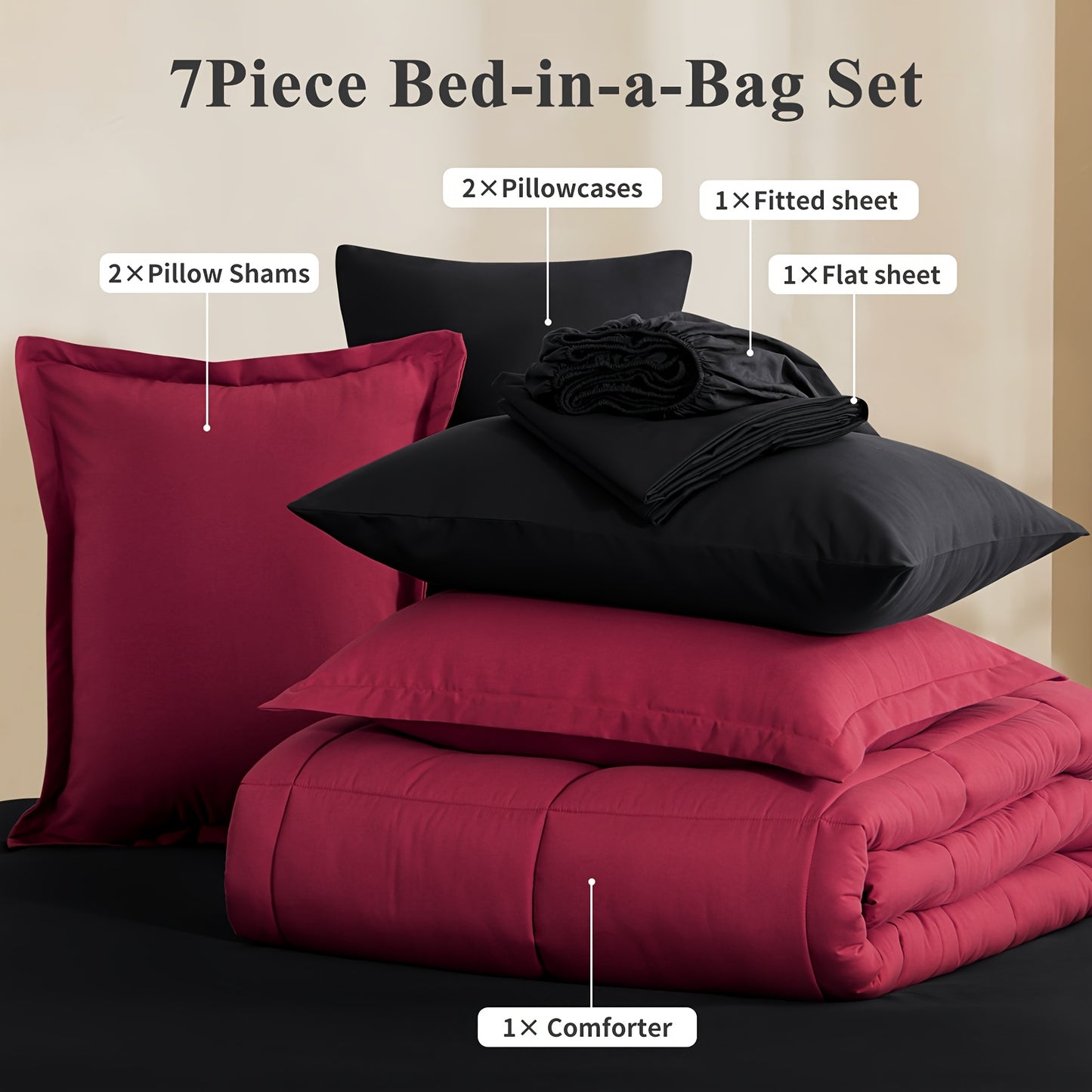 7pcs Ultra-Soft Bed In A Bag, Down Alternative Bedding Sets with All Season Quilted Comforter, Flat Sheet, Fitted Sheet, Pillowcases - Gifts for The Family And Friends, RUIKASI, Machine Washable, Polyester 100, Acrylic 15, Sa