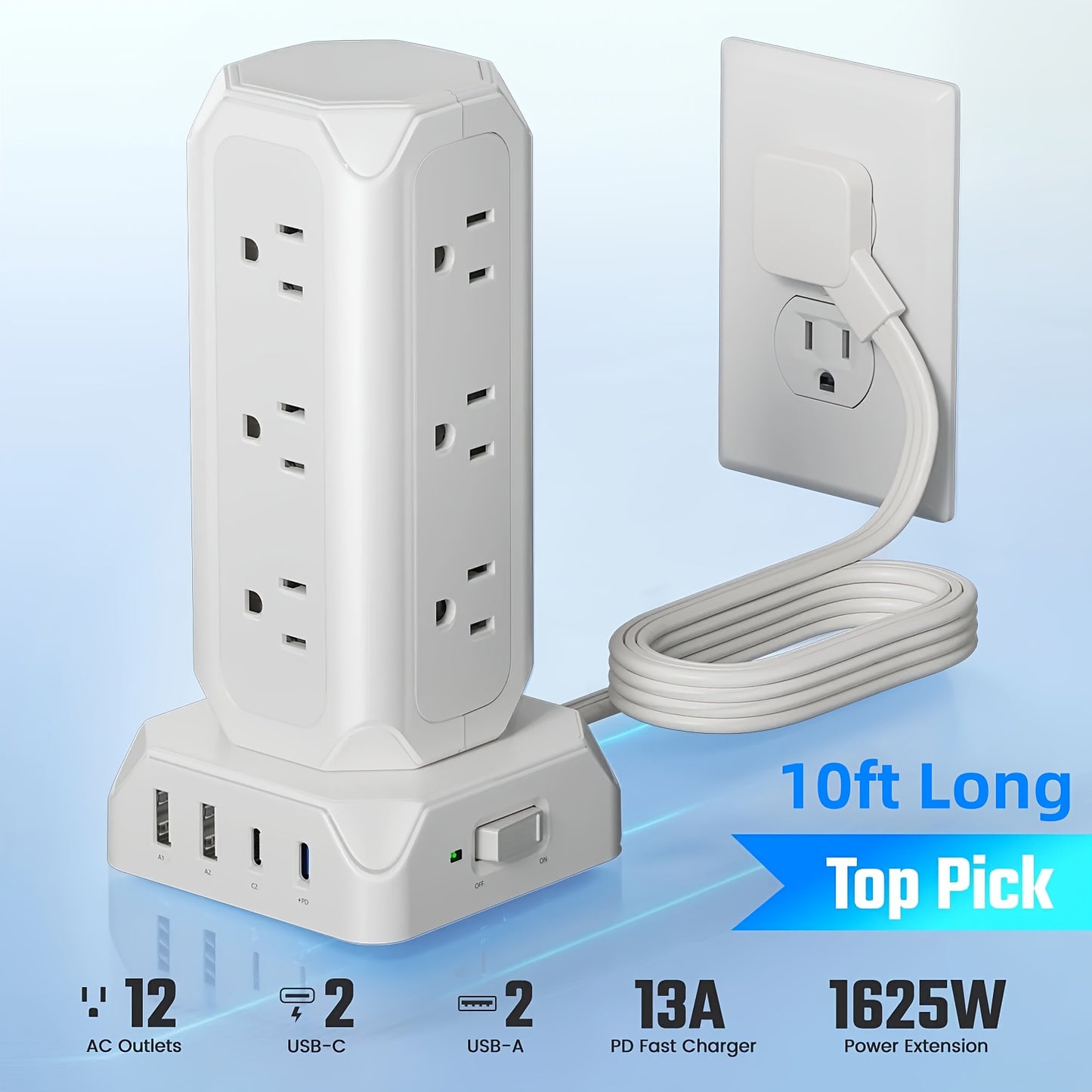 12 Outlets(1625W/13A) Power Strip Tower with 35W USB(2 USB-A & 2 USB-C) Charging Station, 20W PD Fast Charger, Surge Protector, 6.5/10/15ft Flat Plug Extension Cord with Multiple Outlets for Home, Office, Dorm, Multi Outlet P