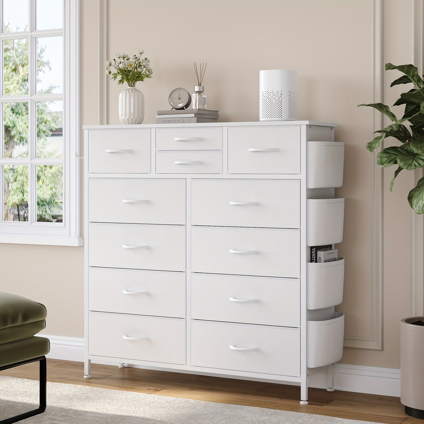 AOWOS 12 Drawer Fabric Dresser with Metal Frame And Wooden Tabletop, Chest of Drawers with Side Pockets And Hooks, Storage Dresser, Fabric Storage Tower, Fabric Drawer Organizer for Bedroom, Living Room, Closet, Hallway