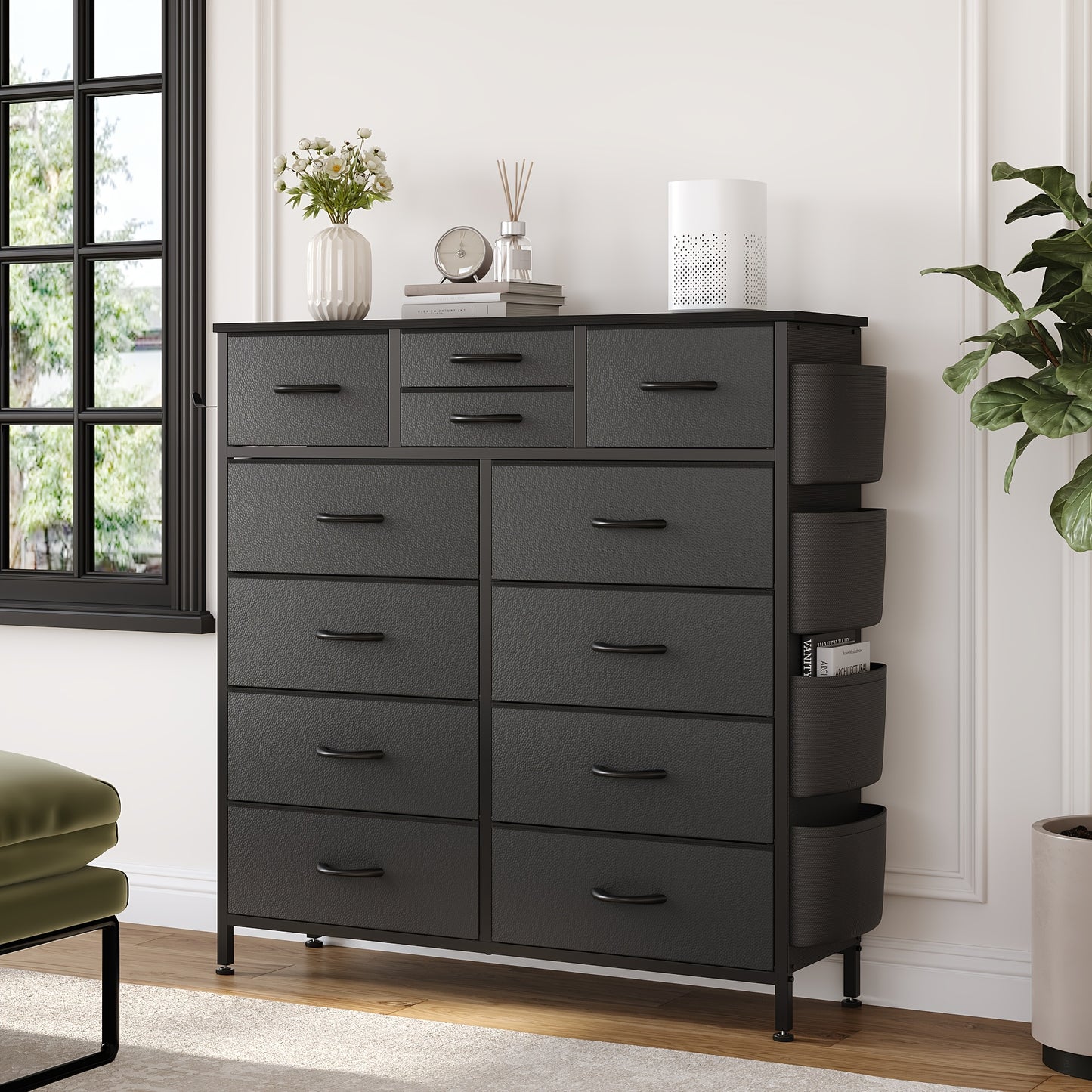 AOWOS 12 Drawer Fabric Dresser with Metal Frame And Wooden Tabletop, Chest of Drawers with Side Pockets And Hooks, Storage Dresser, Fabric Storage Tower, Fabric Drawer Organizer for Bedroom, Living Room, Closet, Hallway