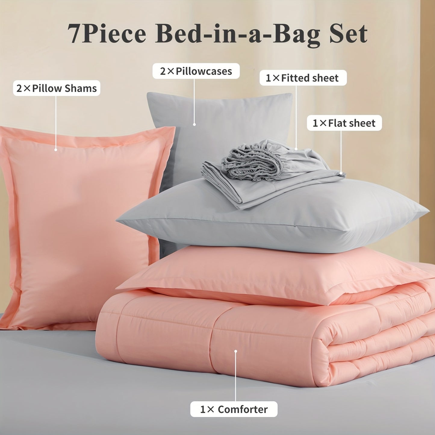 7pcs Ultra-Soft Bed In A Bag, Down Alternative Bedding Sets with All Season Quilted Comforter, Flat Sheet, Fitted Sheet, Pillowcases - Gifts for The Family And Friends, RUIKASI, Machine Washable, Polyester 100, Acrylic 15, Sa