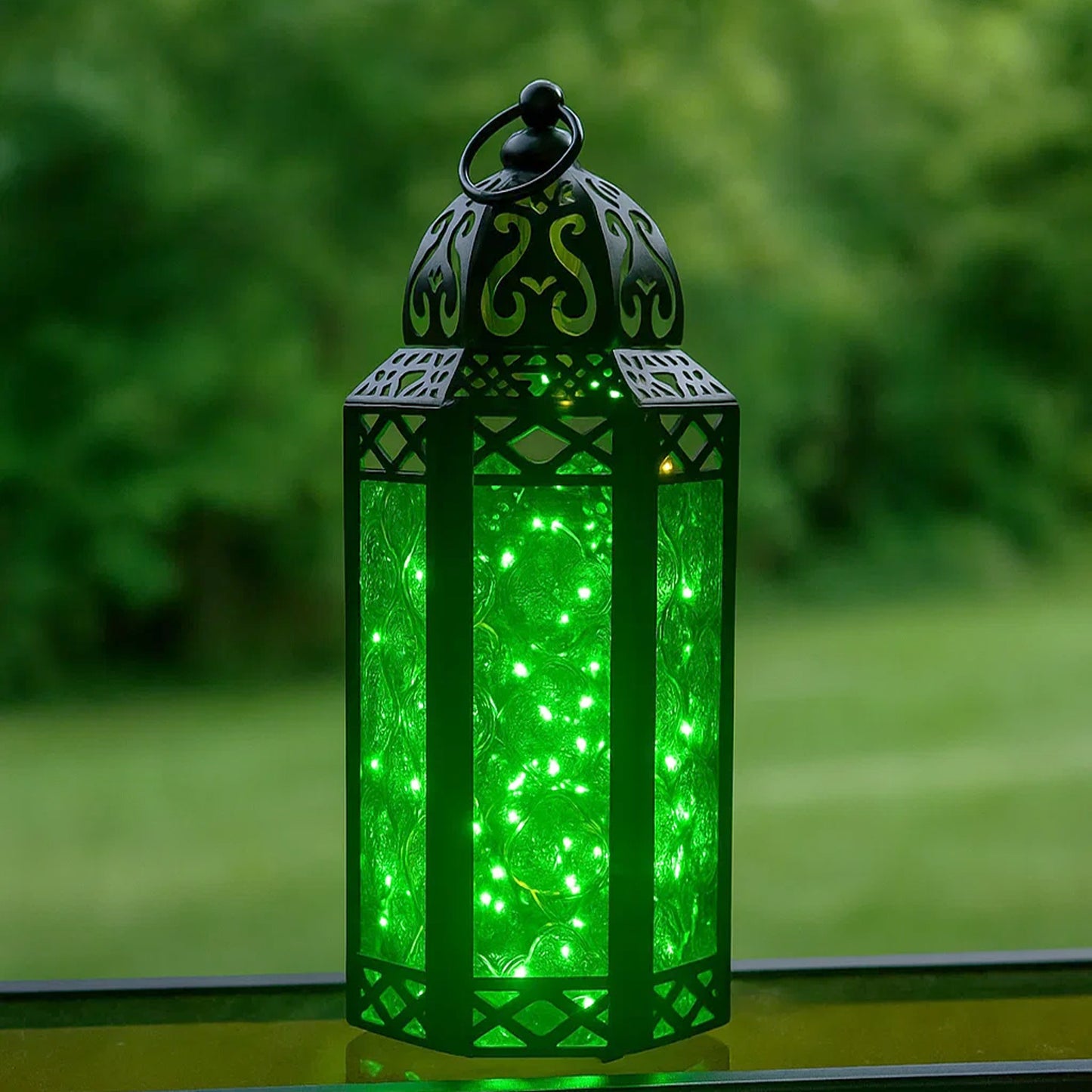 Stunning Ambient Lighting Safe and Stylish Glass Metal Moroccan Candle Lantern Holder Lamp with Battery-Operated LED Lights plus Remote Control – Handcrafted Lantern with Intricate Design and Embossed Glass, Indoor Home Dec