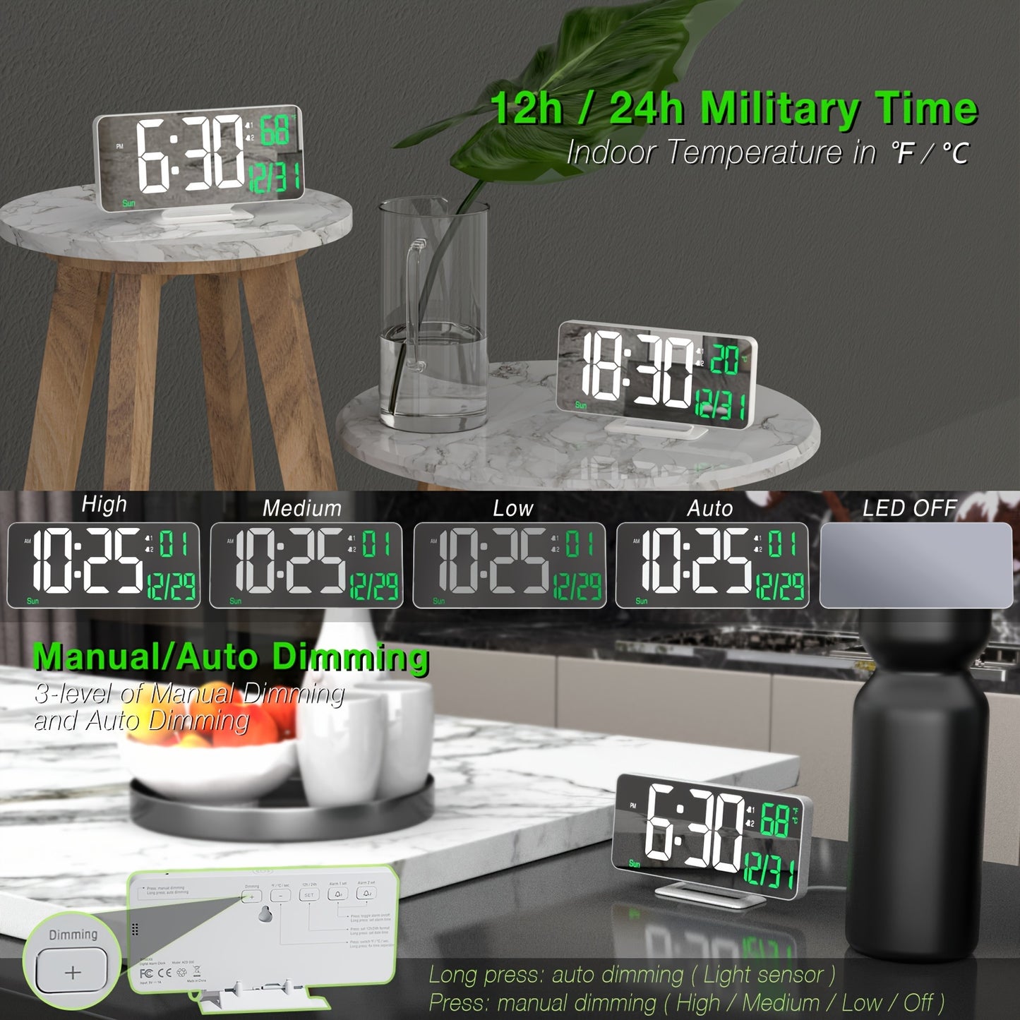 1pc Alarm Clock For Bedroom, 6. 7" Desk Digital Clock, Led Clock, Mirror Clock, Dual Alarm Clock For Living Room With Seconds, Date, Week, 12/24h, Dimming