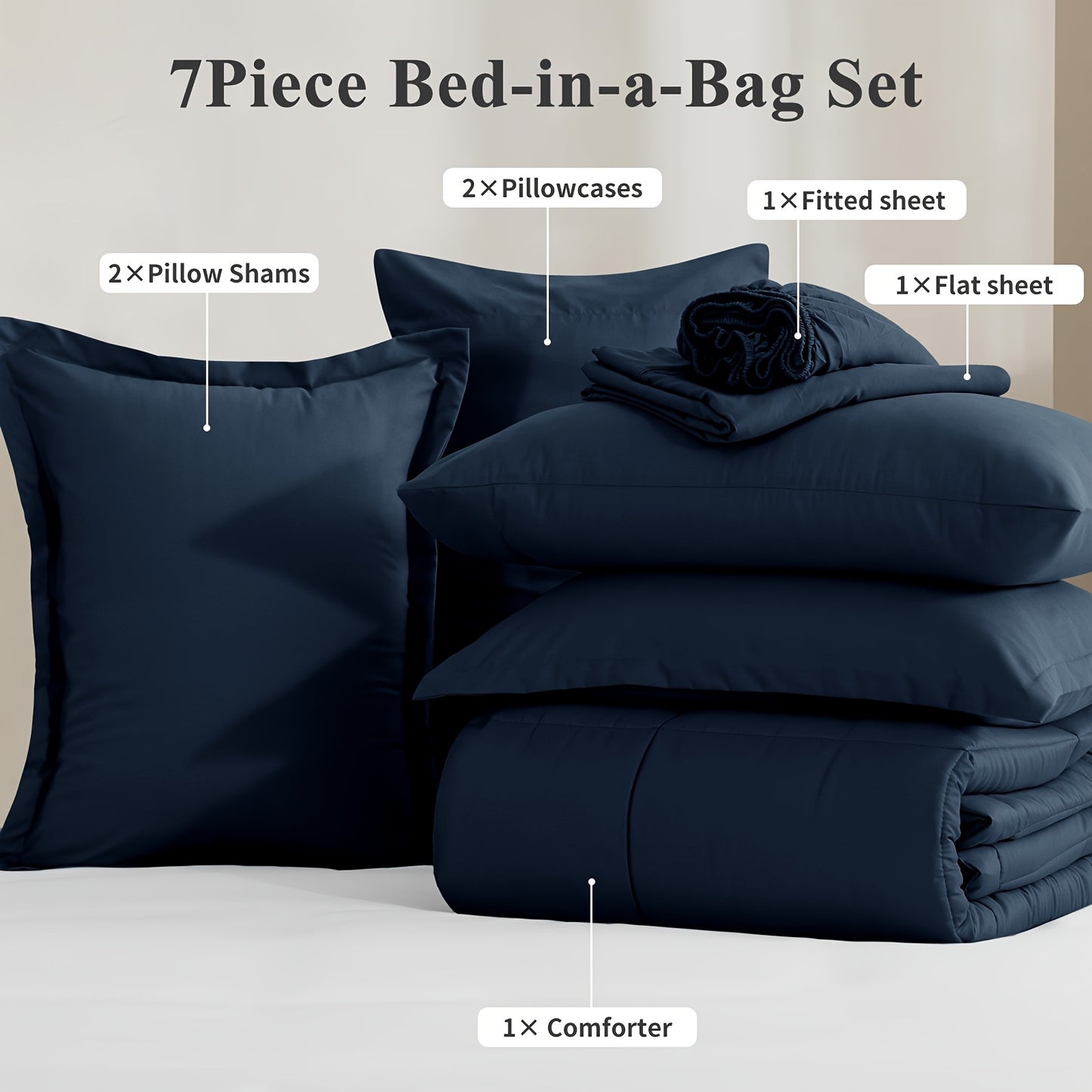 7pcs Ultra-Soft Bed In A Bag, Down Alternative Bedding Sets with All Season Quilted Comforter, Flat Sheet, Fitted Sheet, Pillowcases - Gifts for The Family And Friends, RUIKASI, Machine Washable, Polyester 100, Acrylic 15, Sa