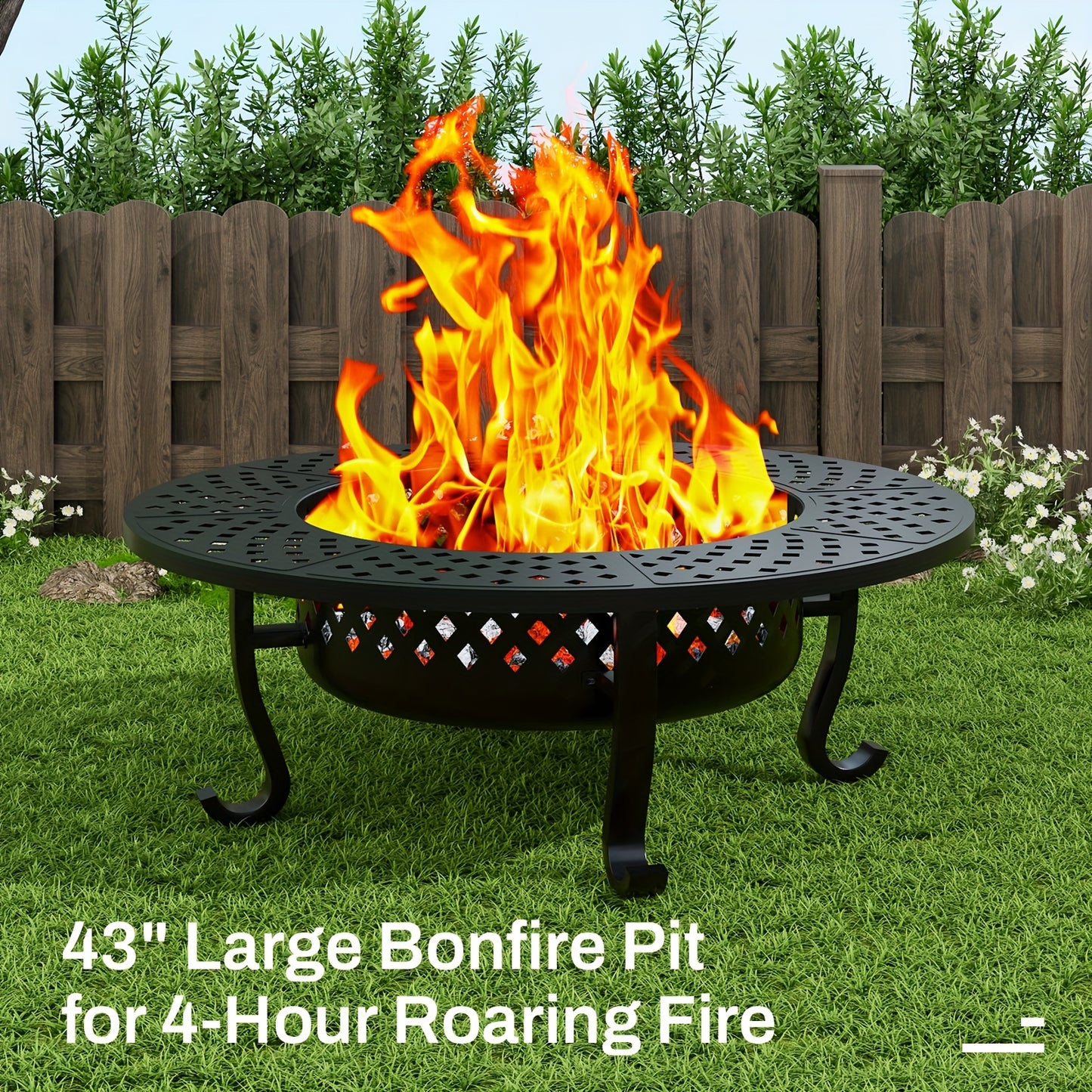 43" Outdoor Fire Pit With 2 Grill, Wood Burning Firepit For Outside With Lid & Fire Poker