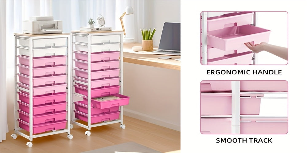 KINGRACK 10-Drawer Heavy-Duty Metal Rolling Storage Cart with Lockable Wheels & Tabletop - White & Pink Mobile Organizer with 10-Tier Drawers, Space-Saving Design for Home, Office, Classroom, Craft Room - Sturdy 4-Wheel Utili