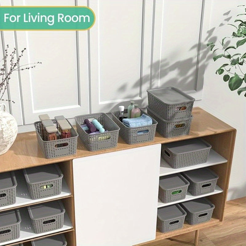 6pcs Stackable Plastic Storage Bins with Lids - Durable Gray Organizer Baskets for Home, Office, and Classroom - Multi-Purpose Shelf Bins, 10.2x7.2x4.1 Inches, Home Organization | Sleek Storage Solution | Stackable Bins