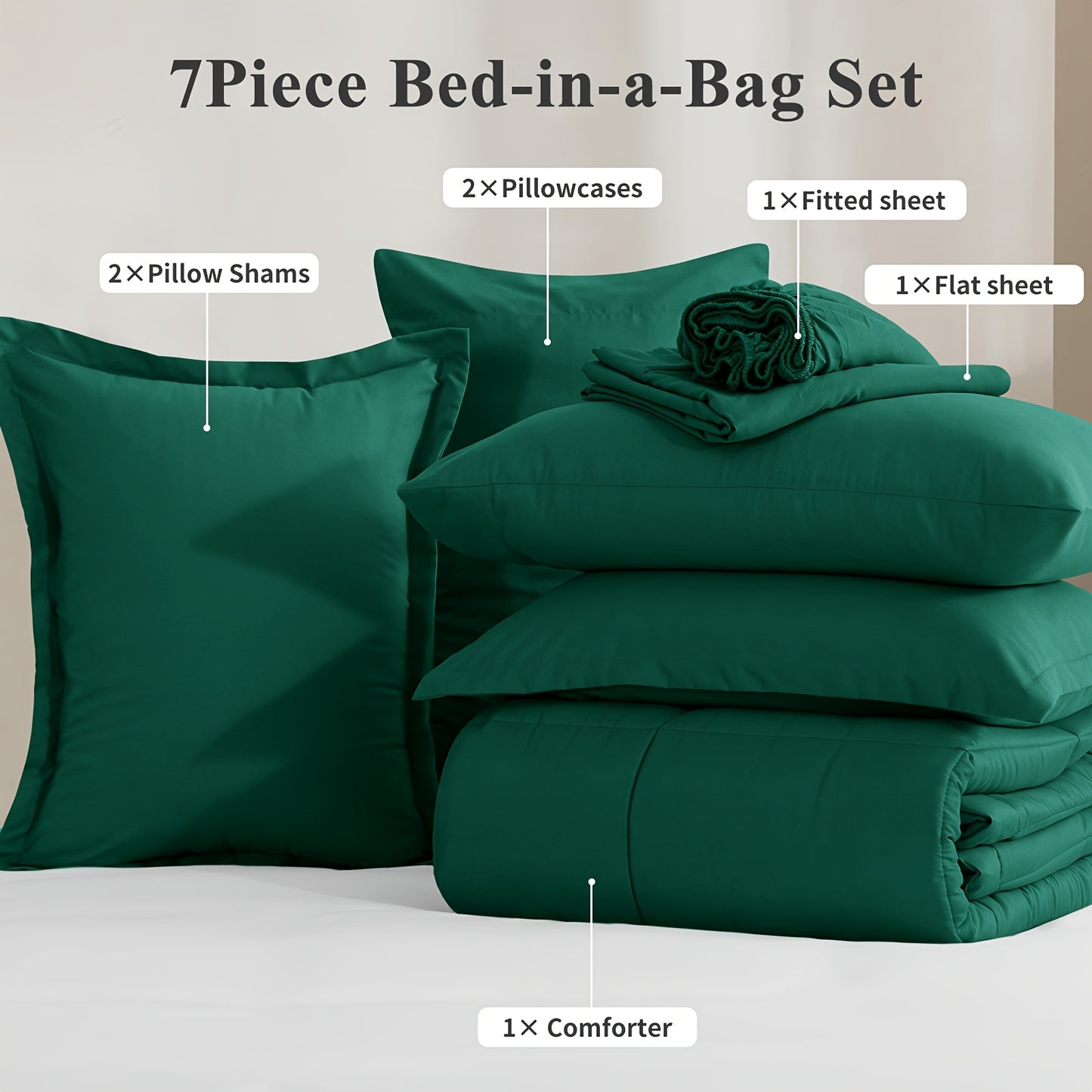 7pcs Ultra-Soft Bed In A Bag, Down Alternative Bedding Sets with All Season Quilted Comforter, Flat Sheet, Fitted Sheet, Pillowcases - Gifts for The Family And Friends, RUIKASI, Machine Washable, Polyester 100, Acrylic 15, Sa