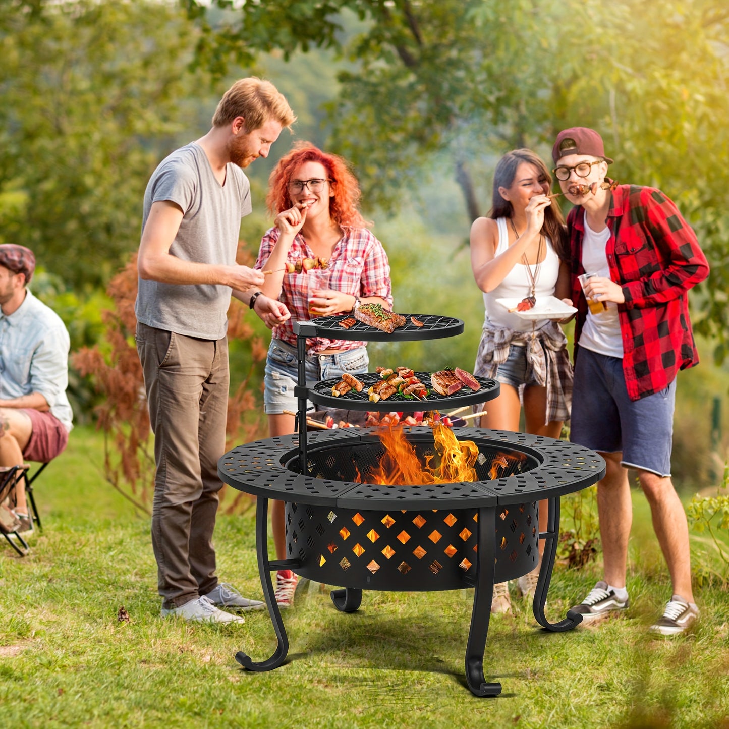 1pc, Fire Pit, 36''Fire Pit, 3-in-1 Fire Pit With Two Grills, Metal Lid, Poker, Outdoor Wood Burning Fire Pit & BBQ With Round Metal Table For Patio, Picnic, And Party