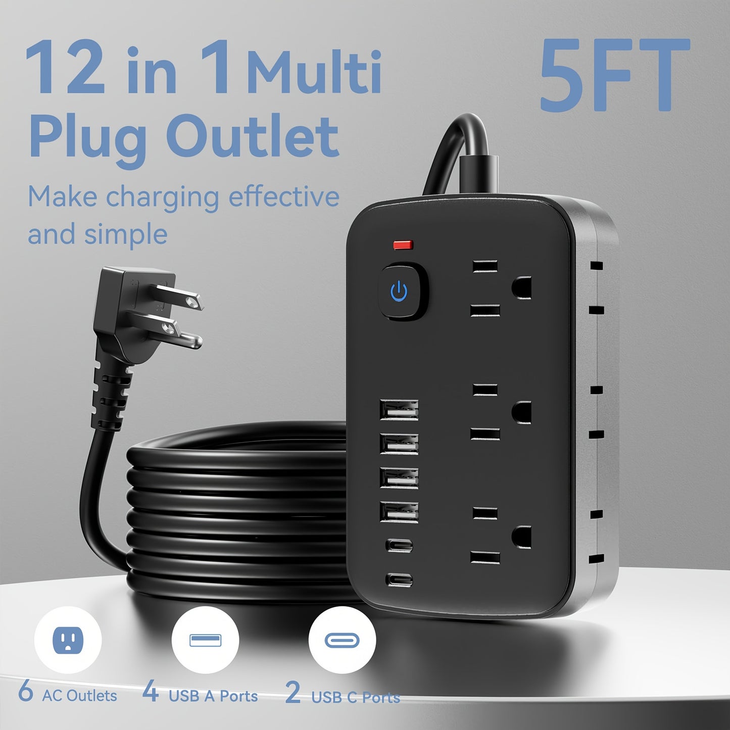 Slim 6-Outlet Power Strip with 6 USB Connections (2 USB-C) | 5FT/10FT Cable, Suitable for Wall Mounting in Offices, Schools, And Dormitories