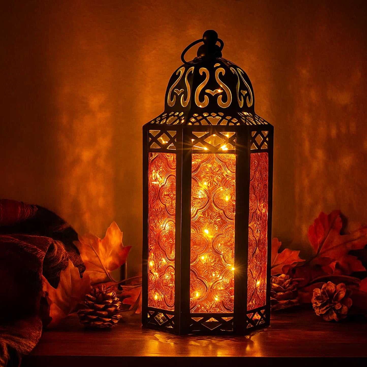 Stunning Ambient Lighting Safe and Stylish Glass Metal Moroccan Candle Lantern Holder Lamp with Battery-Operated LED Lights plus Remote Control – Handcrafted Lantern with Intricate Design and Embossed Glass, Indoor Home Dec