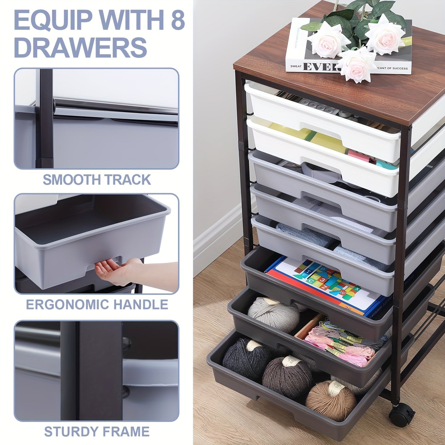 Rolling Storage Cart with Drawers, Utility Cart with 8 Drawers And Tabletop, Rolling Drawer Cart, Storage Drawer Cart for Living Room, Classroom, Bedroom, Bathroom, Dorm, Office, Dark Grey