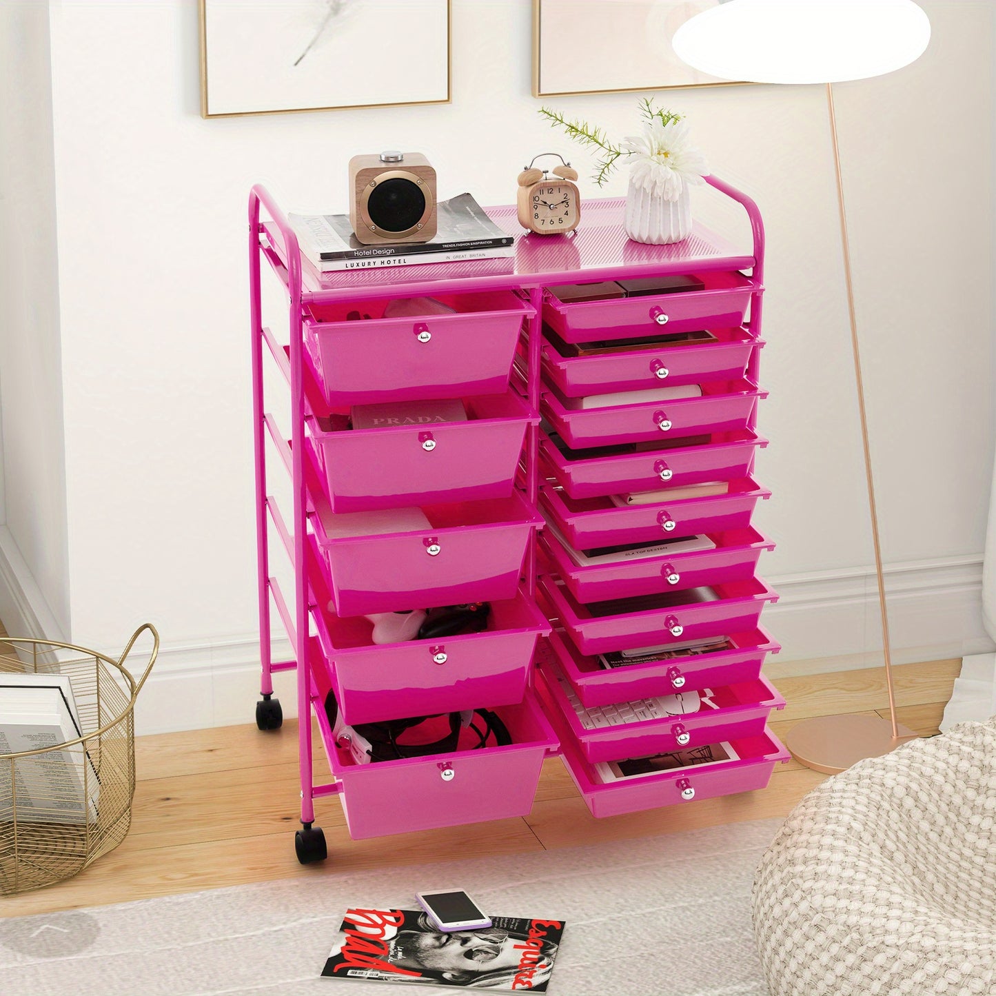 1pc MULTIGOT Contemporary Cast Iron 15-Drawer Rolling Storage Cart, Wheeled Mobile Organizer with Metal Frame, Floor Mount, No Electricity Needed