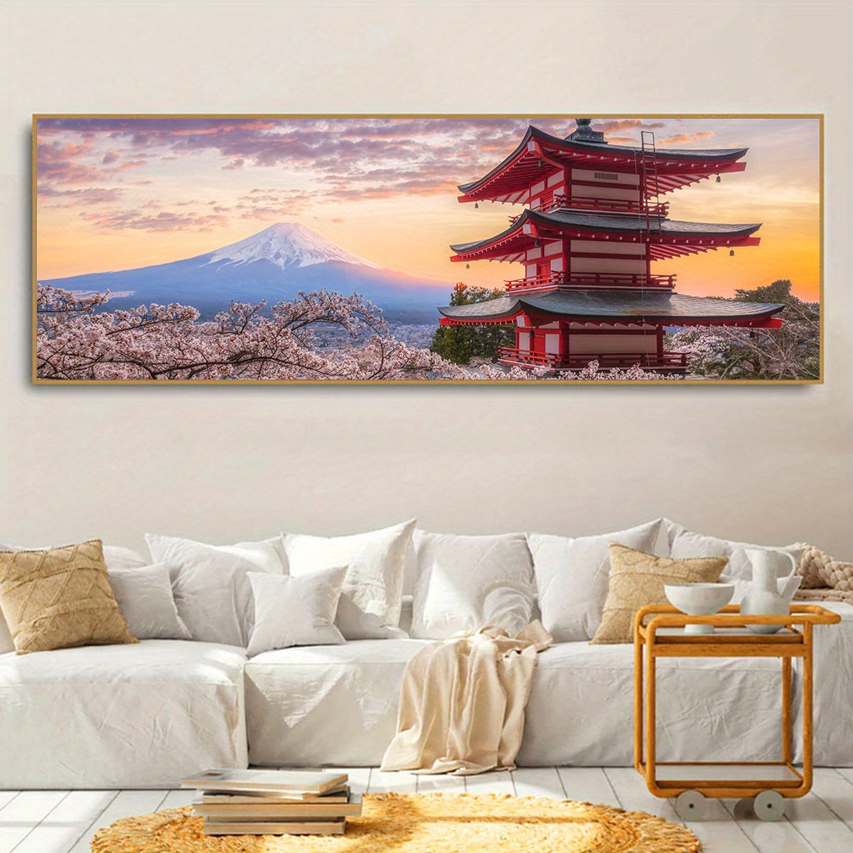 1pc Fuji Mountain & Sakura Cherry Blossom Canvas Wall Art - Vibrant Landscape Painting in Blue, Orange & Pink | Modern Home Decor for Living Room, Bedroom, Office | Waterproof, Odor-Free Fabric Print | Frameless Artwork, Perf