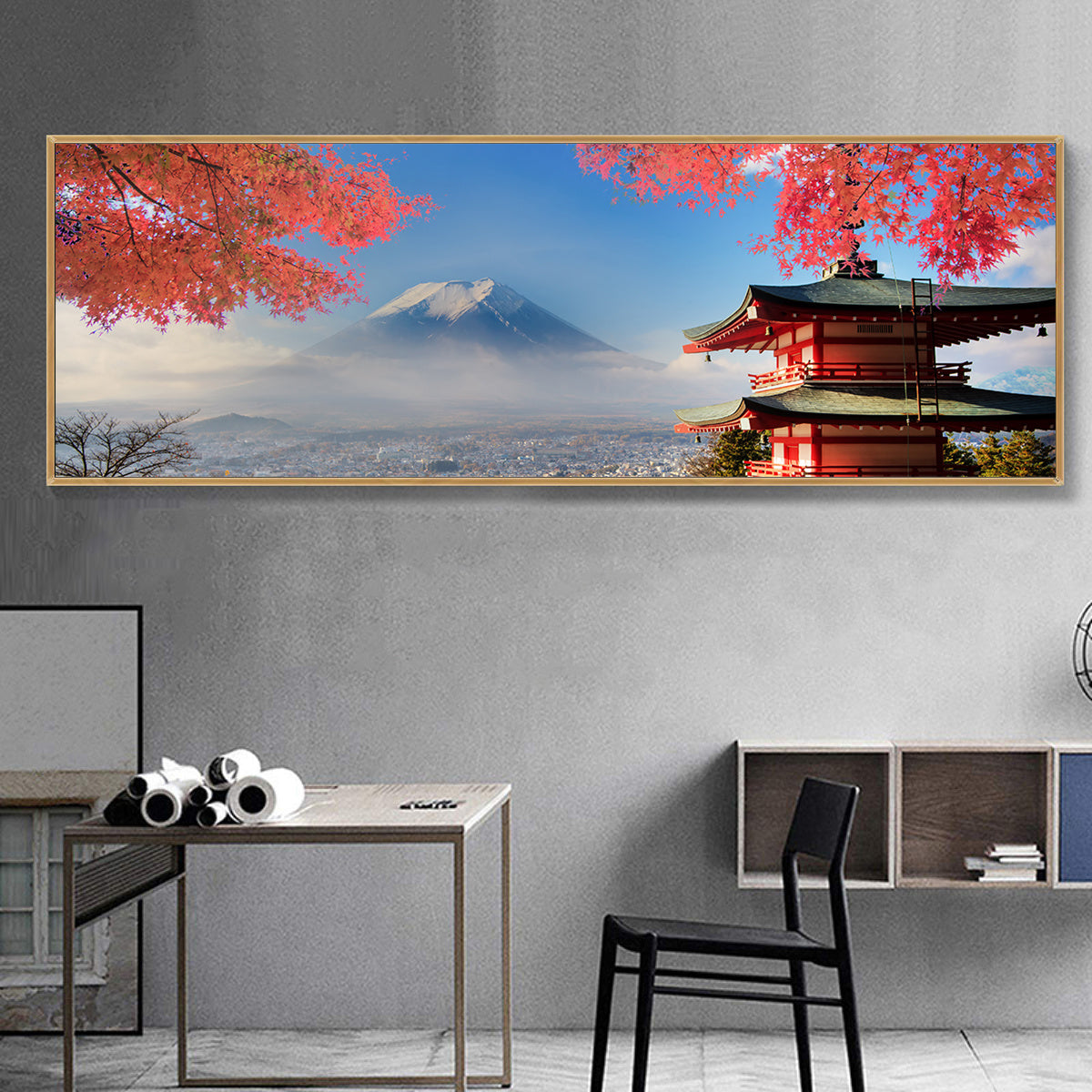 1pc Fuji Mountain & Sakura Cherry Blossom Canvas Wall Art - Vibrant Landscape Painting in Blue, Orange & Pink | Modern Home Decor for Living Room, Bedroom, Office | Waterproof, Odor-Free Fabric Print | Frameless Artwork, Perf