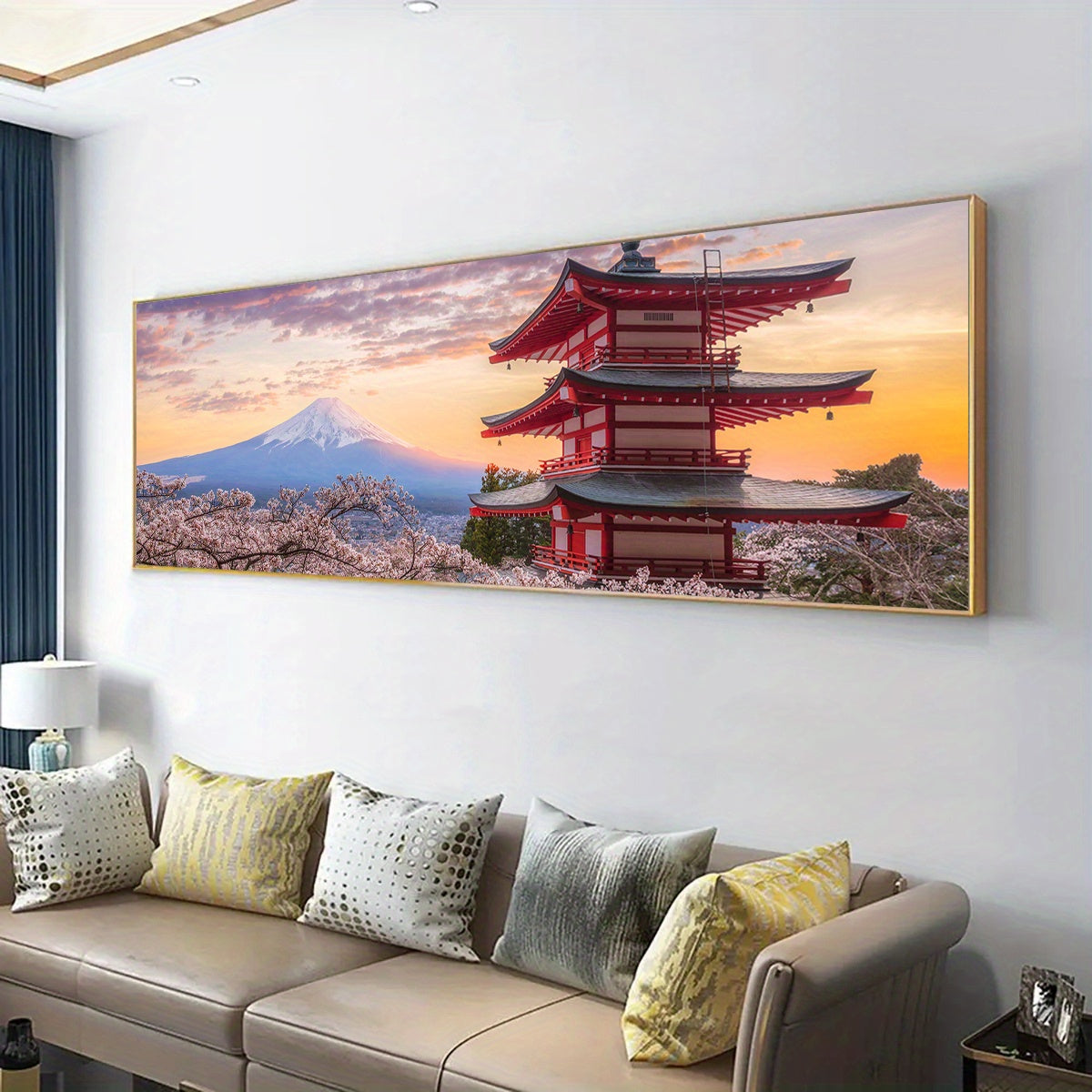 1pc Fuji Mountain & Sakura Cherry Blossom Canvas Wall Art - Vibrant Landscape Painting in Blue, Orange & Pink | Modern Home Decor for Living Room, Bedroom, Office | Waterproof, Odor-Free Fabric Print | Frameless Artwork, Perf