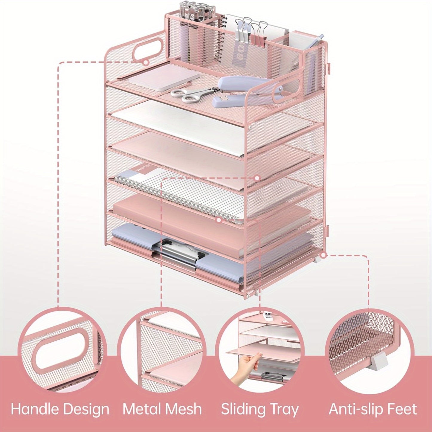 SHARKWOODS 6-Tier Desktop Organizer with Tray, File Holder, Pen Holder, Mesh Paper Tray and Handle, Pink