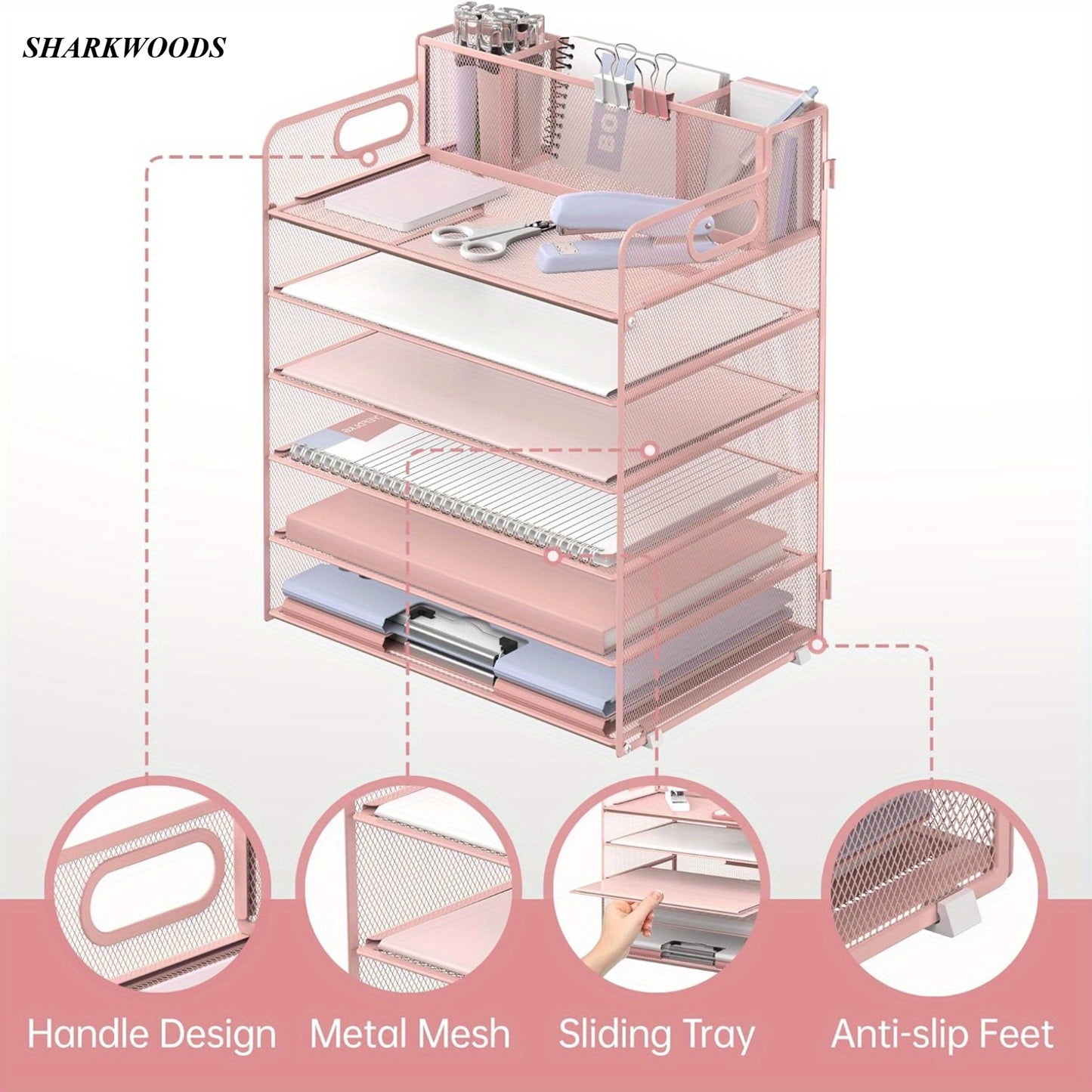 SHARKWOODS 6-Tier Desktop Organizer with Tray, File Holder, Pen Holder, Mesh Paper Tray and Handle, Pink