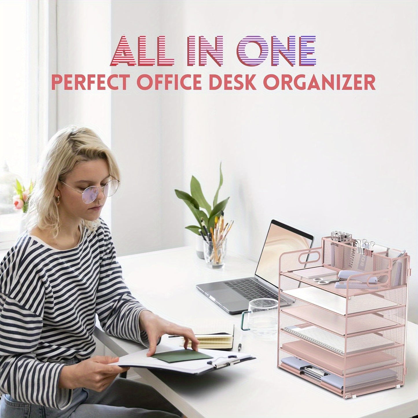 SHARKWOODS 6-Tier Desktop Organizer with Tray, File Holder, Pen Holder, Mesh Paper Tray and Handle, Pink