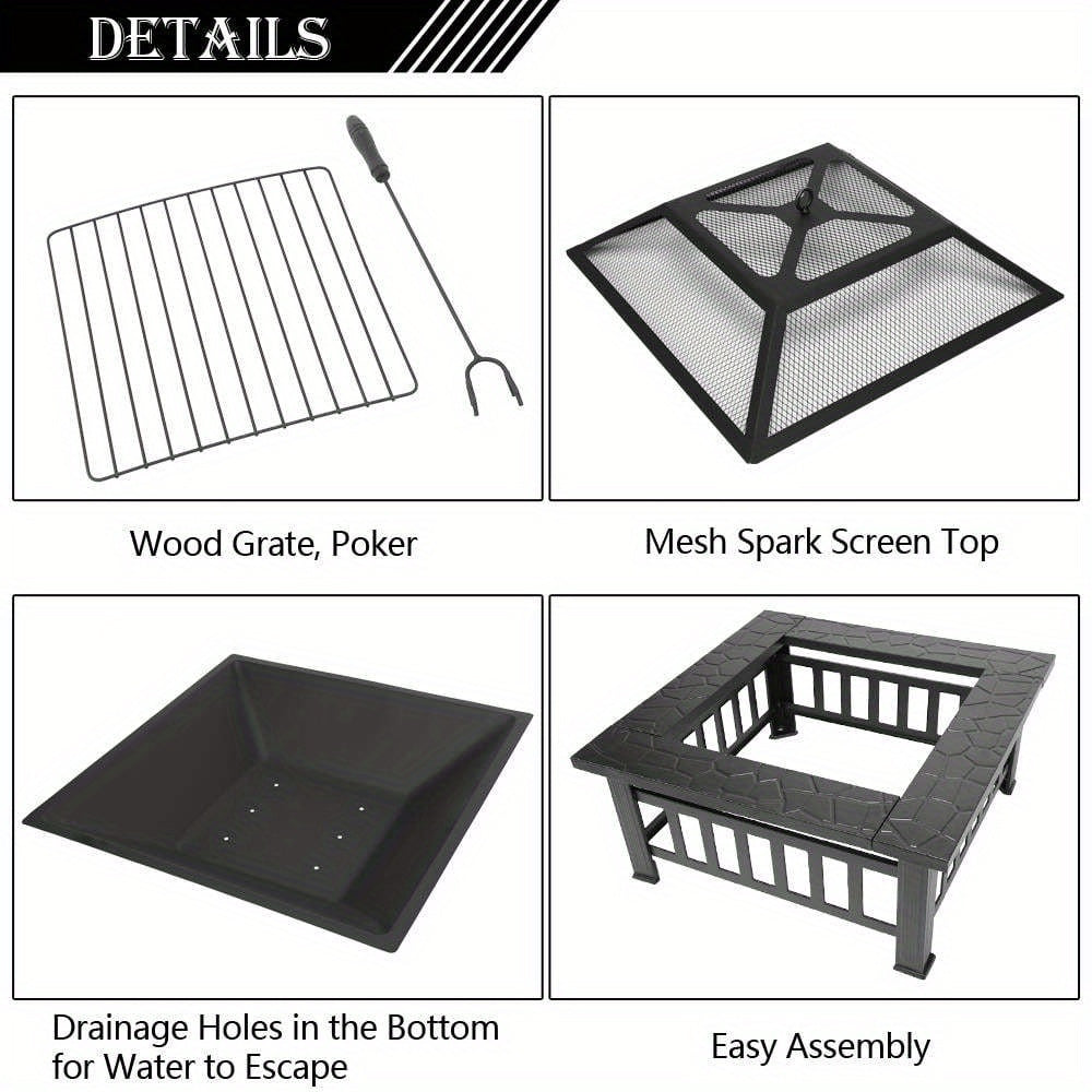 with Safety Net Cover! Imitation Stone Texture Elegant Black Charcoal Wood-burning Fire Pot with Fire Poker + Drainage Hole for Patio Barbecue And Heating. Enjoy Barbecue Parties In Spring, Summer, Autumn And Winter