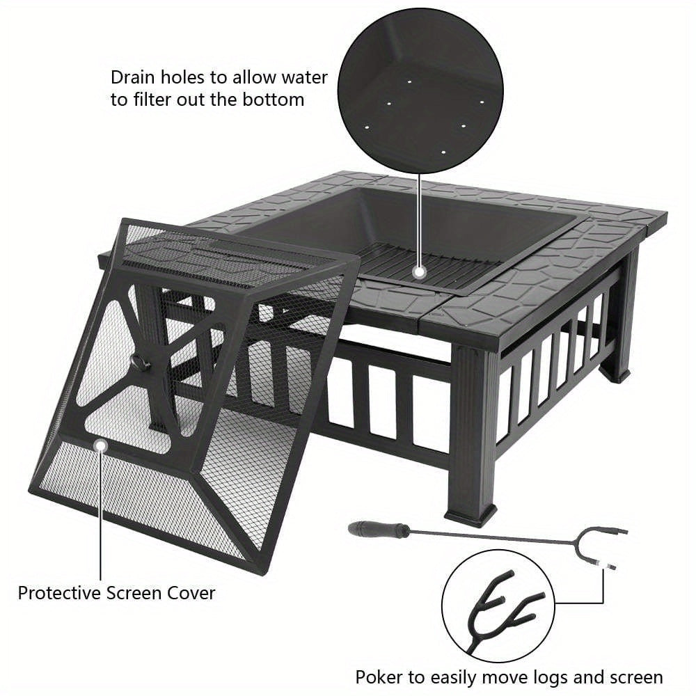 with Safety Net Cover! Imitation Stone Texture Elegant Black Charcoal Wood-burning Fire Pot with Fire Poker + Drainage Hole for Patio Barbecue And Heating. Enjoy Barbecue Parties In Spring, Summer, Autumn And Winter
