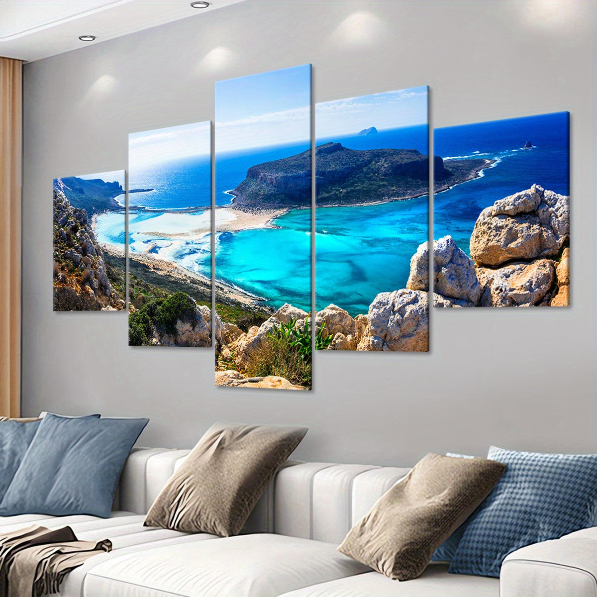 5pcs Classic Landscape Coastal View Canvas Wall Art Set, Wood Framed, Wrapped Canvas, Waterproof, Odorless, with Artwork for Home, Living Room, Bedroom, Office, Restaurant, Bar Decor