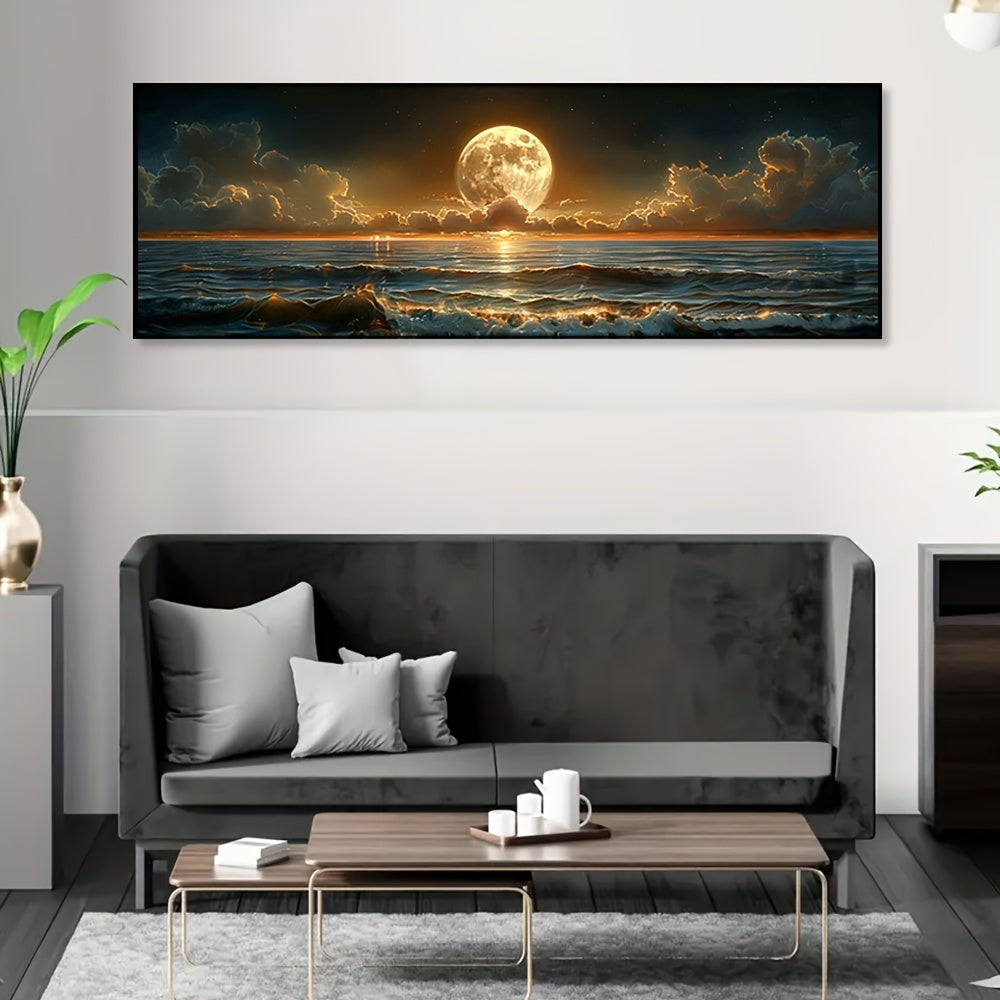 1pc Moonlight Sea View Canvas Poster - Frameless, Nostalgic Farmhouse Style Wall Art, Vibrant Ocean & Full Moon Print, Perfect for Kitchen, Home Office, Bathroom, Living Room, Bedroom - Indoor & Outdoor Decor, Coastal Home De