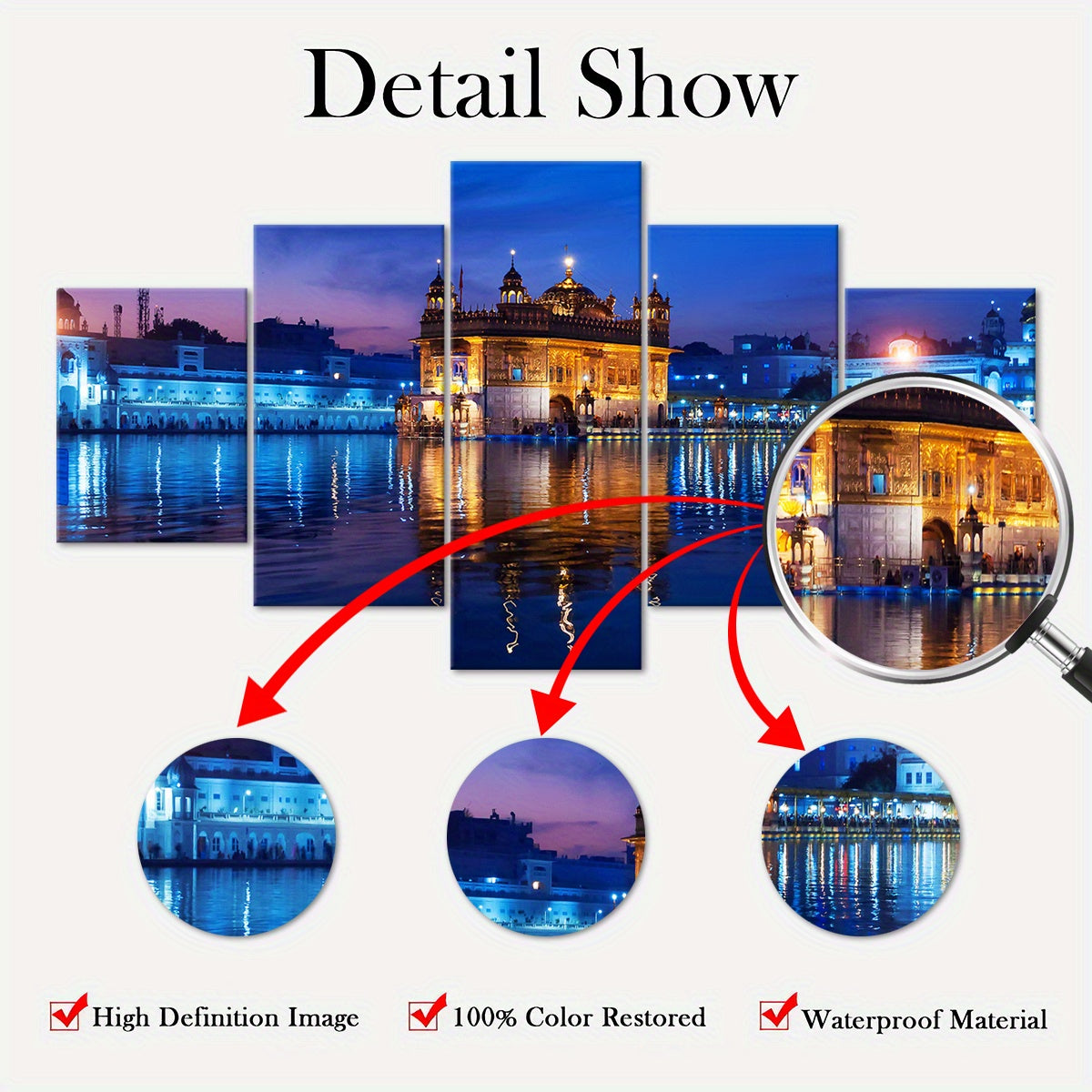 5pcs Wooden Framed Famous Architectural Scenery India Amritsar Golden Temple Canvas, Fashion Poster, Art for Home Decoration, Pattern Wall Art Decor, for Living Room, Bedroom, Office, Restaurant, Bar Wall Decor, Waterproof, P