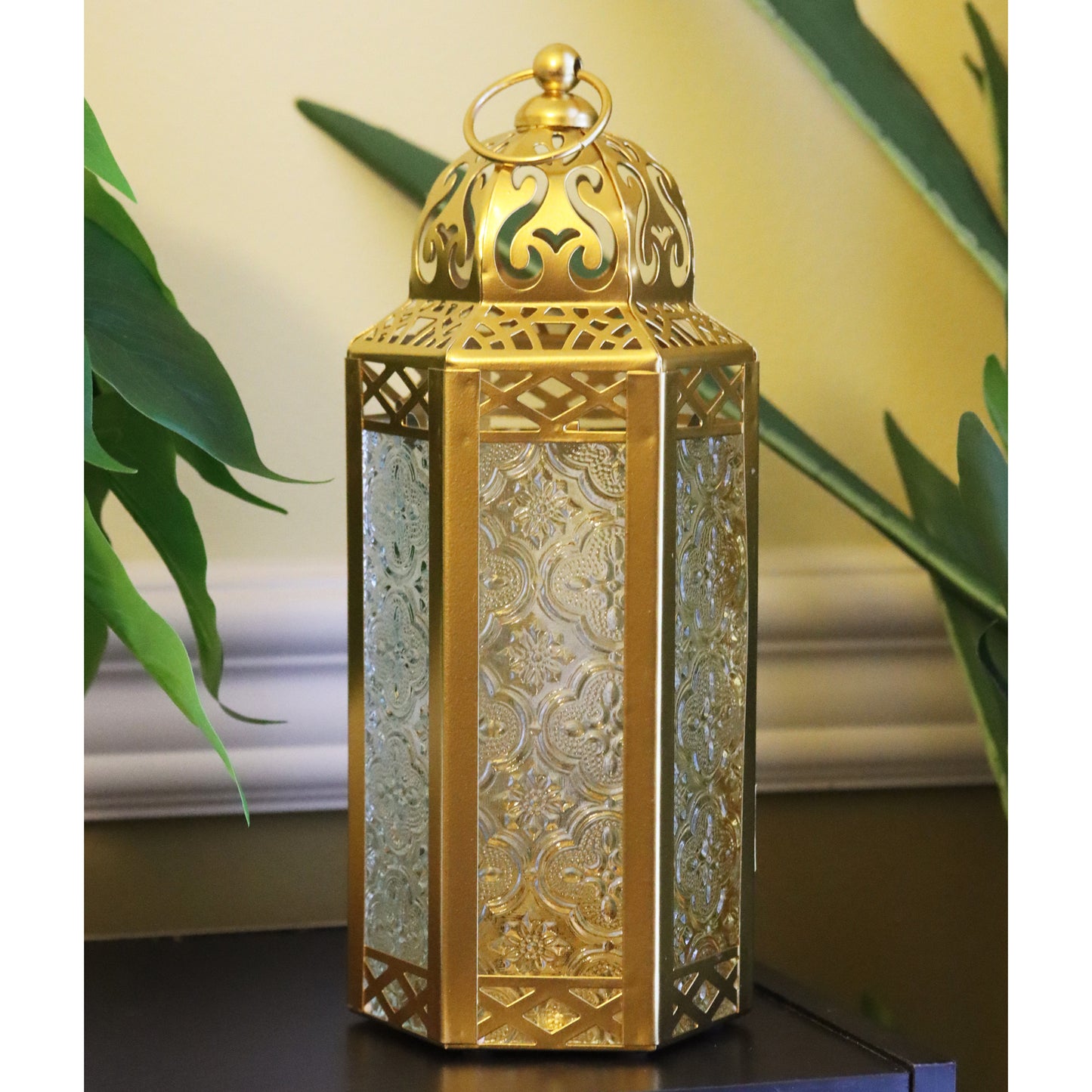 Stunning Ambient Lighting Safe and Stylish Glass Metal Moroccan Candle Lantern Holder Lamp with Battery-Operated LED Lights plus Remote Control – Handcrafted Lantern with Intricate Design and Embossed Glass, Indoor Home Dec