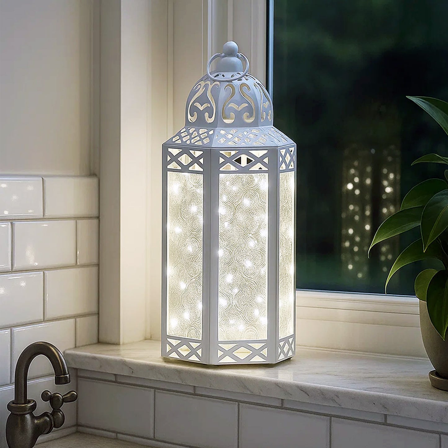 Stunning Ambient Lighting Safe and Stylish Glass Metal Moroccan Candle Lantern Holder Lamp with Battery-Operated LED Lights plus Remote Control – Handcrafted Lantern with Intricate Design and Embossed Glass, Indoor Home Dec