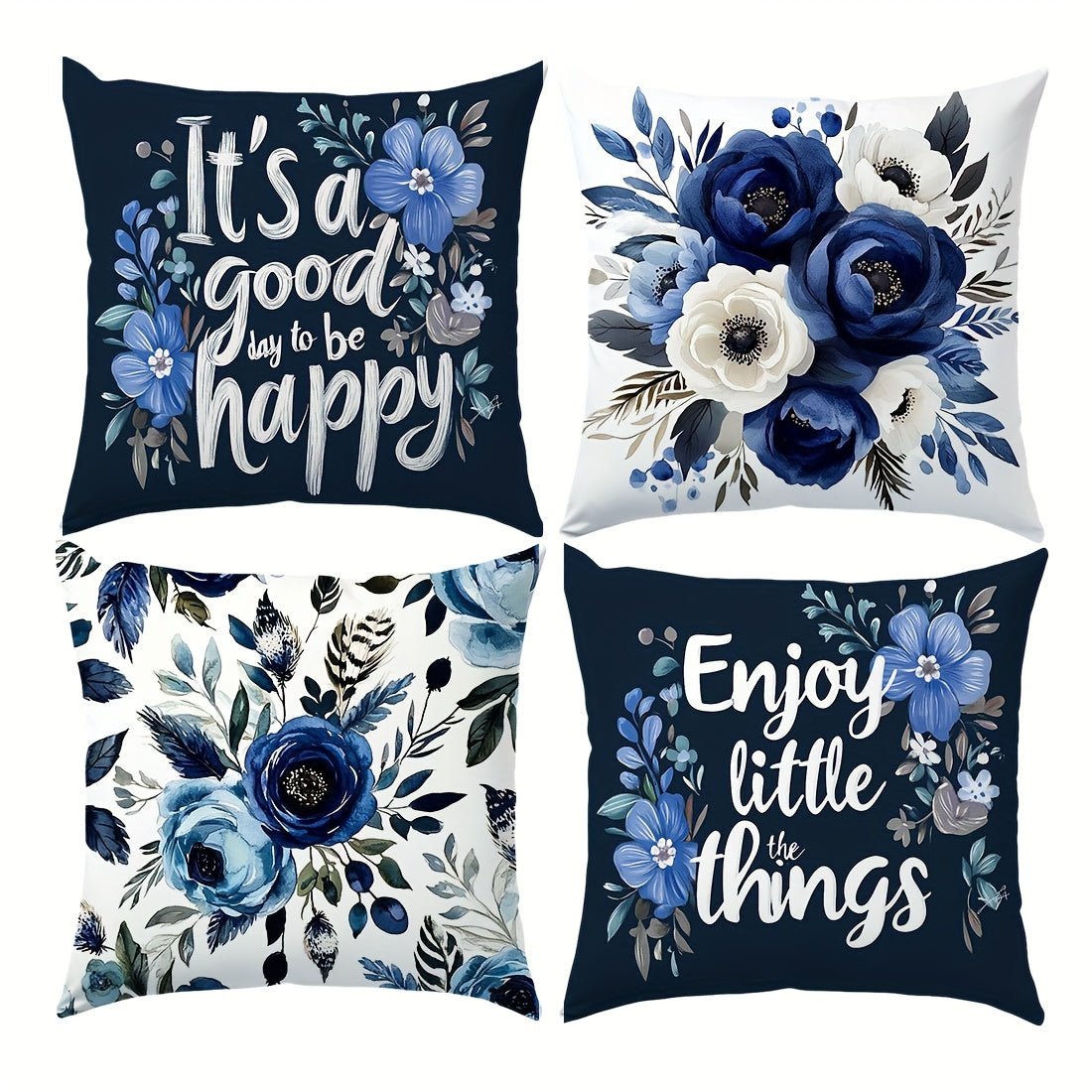 4pcs, Single Sided Printed Pillow Cover, Four Piece Set Of Deep Blue Floral Text Pillow Cover, 17 7*17. 7in, Home Decoration Pillow Cover Suitable For Living Room, Sofa, Bedroom, Without Pillow Core