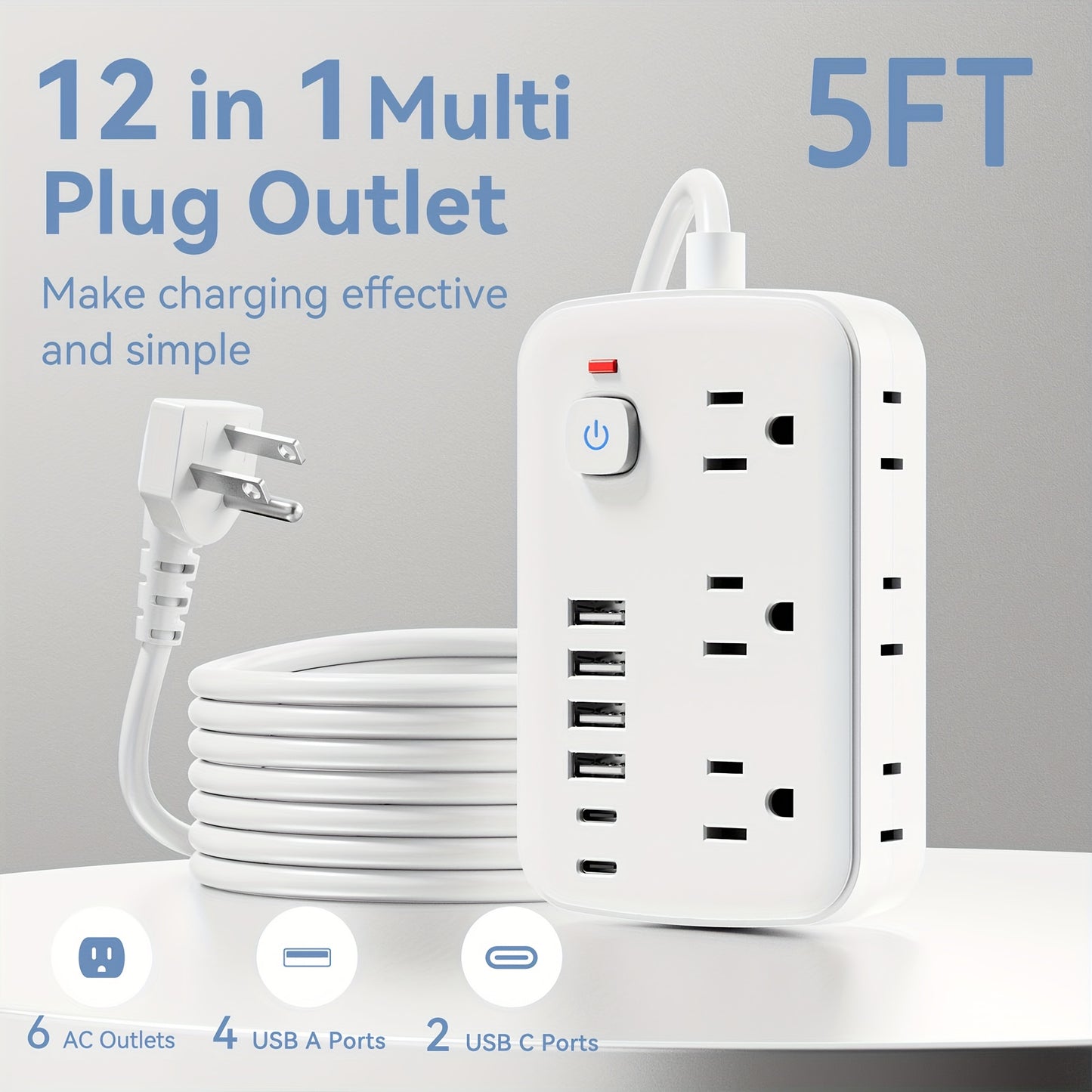 Slim 6-Outlet Power Strip with 6 USB Connections (2 USB-C) | 5FT/10FT Cable, Suitable for Wall Mounting in Offices, Schools, And Dormitories