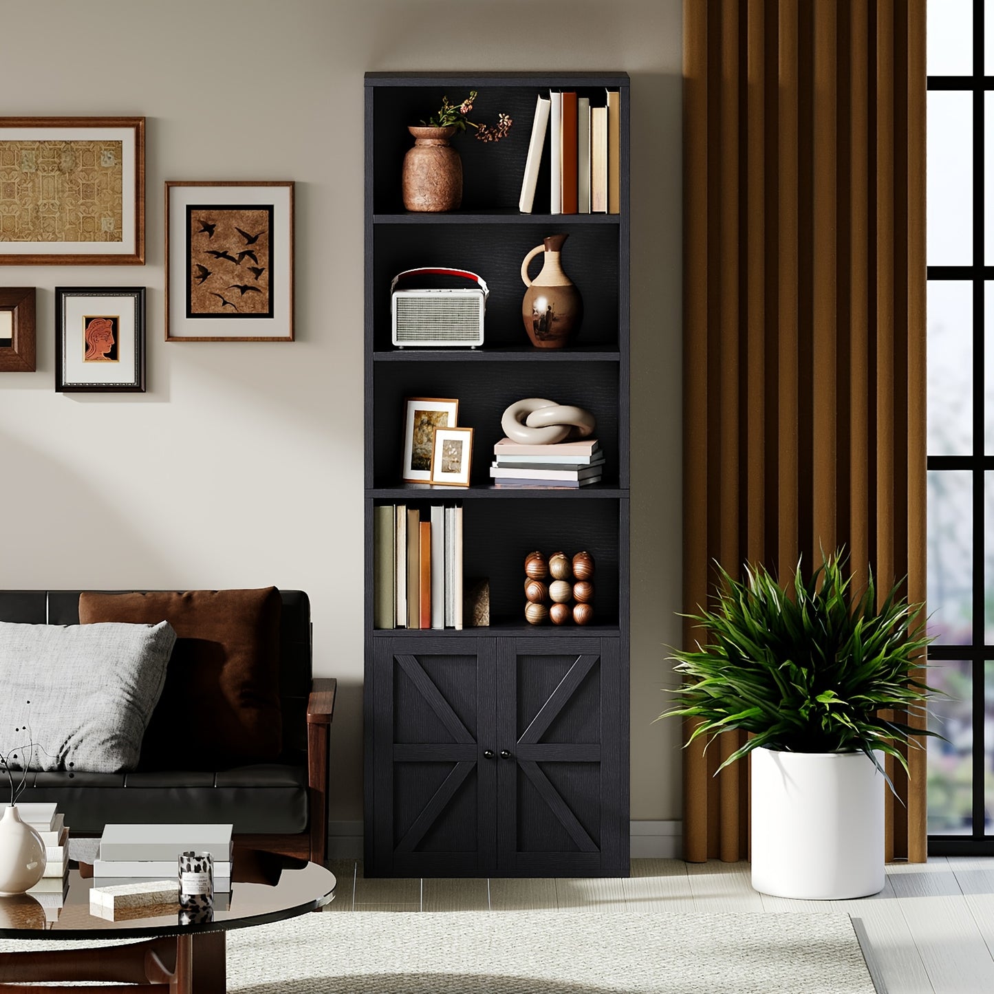 Modern Industrial 6-Tier Bookcase with Cabinet Doors - White & Black Wood Storage Shelf Unit, Space-Saving Floor Cabinet with Spacious Top Shelf, Easy Assembly, Sturdy -Tip Design for Living Room, Office, Bedroom - Multi-Purp