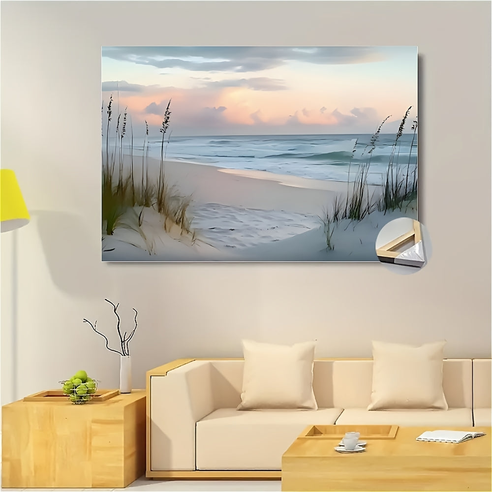 1pc Wooden Framed Canvas Beach Seascape Wall Art - Serene Ocean View with Dunes & Coastal Grass, Waterproof Canvas Print, Wrap-Around Frame for Home & Office Decor, Wedding, Anniversary, Graduation Class of 25 Decorations, We