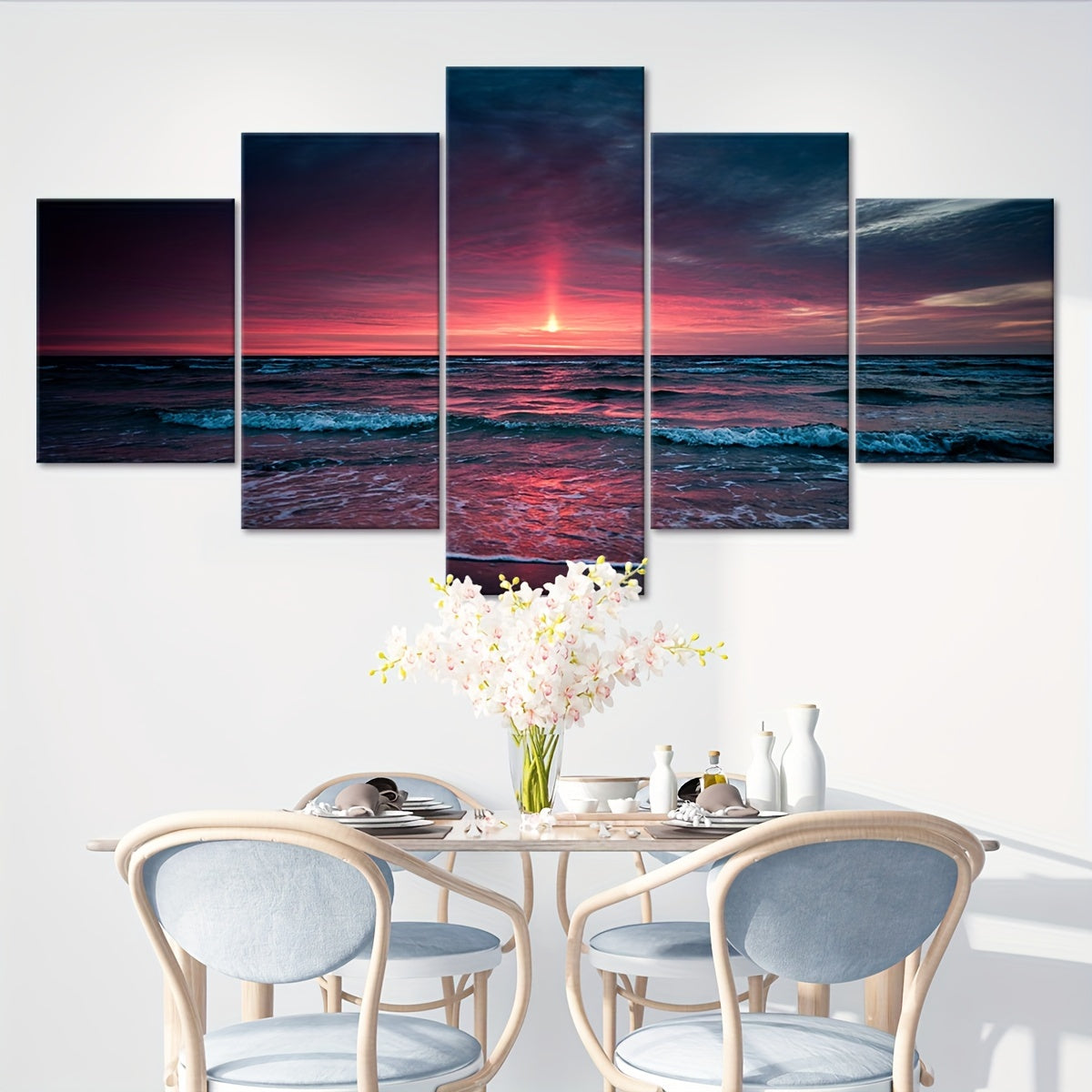 5pcs Frame Nature Seaside Lakes Canvas Poster, Sunrise Sunset Sea View Five Panel Scene Art, Modular Picture, Print Painting, Modern Art, Ideal Decor for Bedroom Living Room Kitchen Dorm, Wall Decoration, Gift for Family Frie