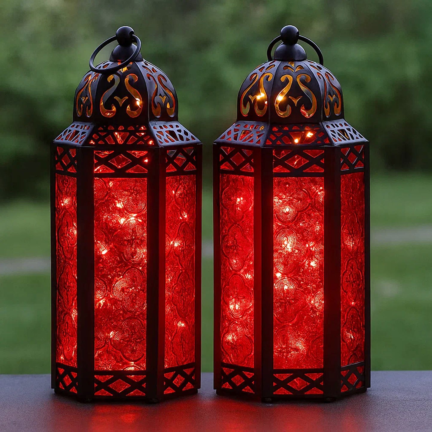 Stunning Ambient Lighting Safe and Stylish Glass Metal Moroccan Candle Lantern Holder Lamp with Battery-Operated LED Lights plus Remote Control – Handcrafted Lantern with Intricate Design and Embossed Glass, Indoor Home Dec