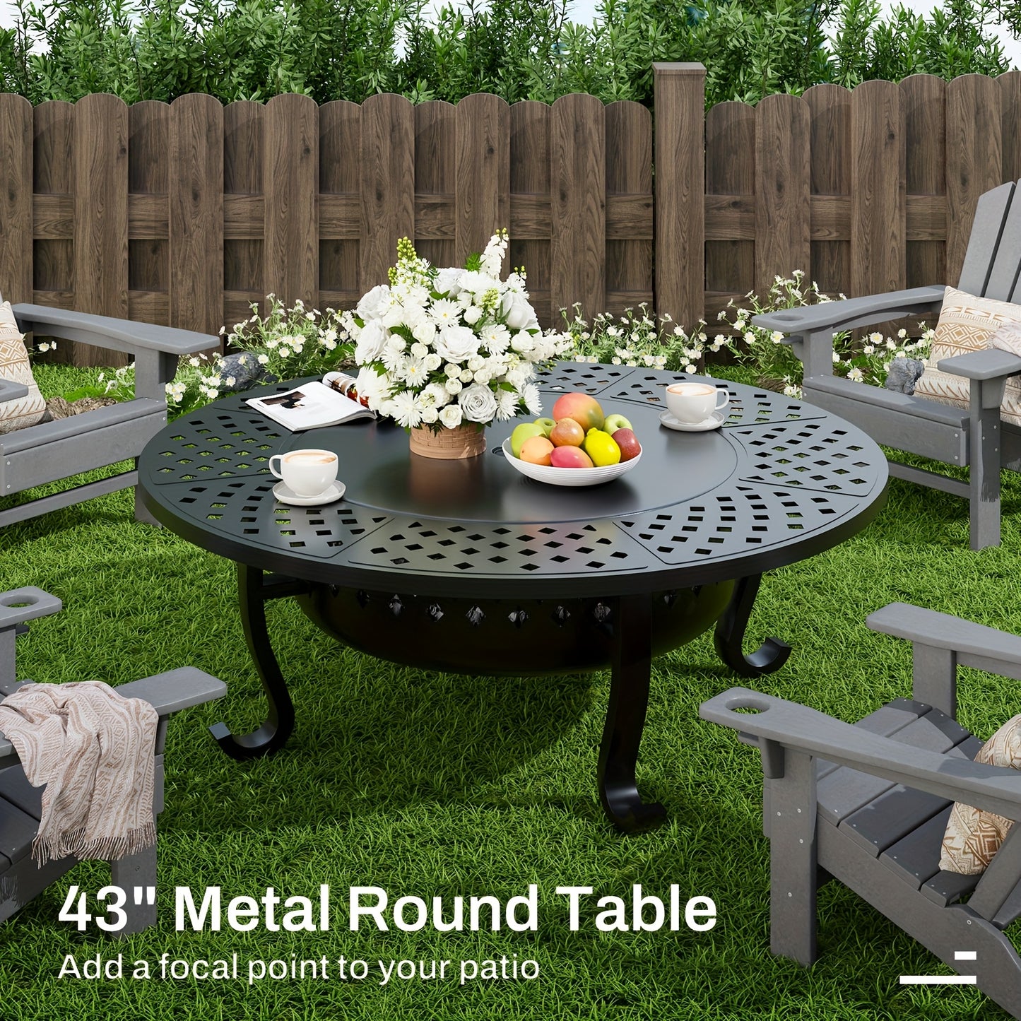 43" Outdoor Fire Pit With 2 Grill, Wood Burning Firepit For Outside With Lid & Fire Poker