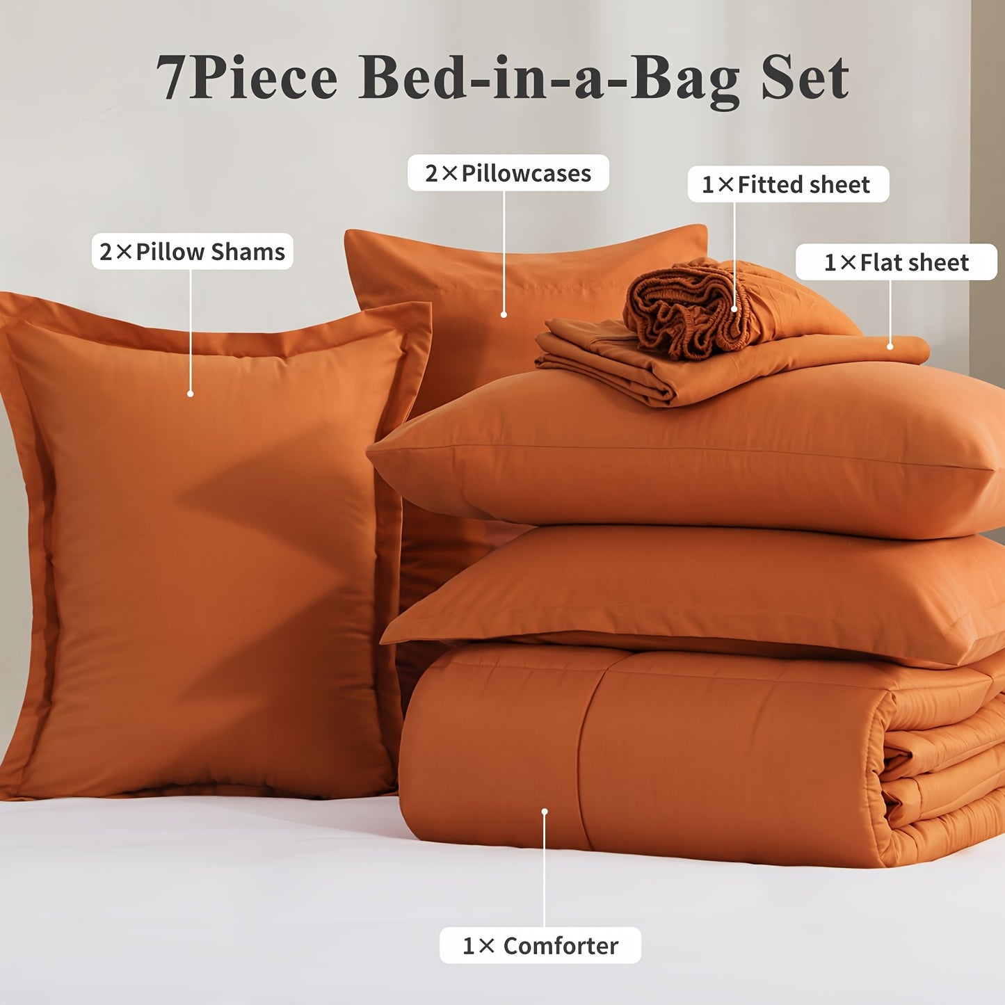 7pcs Ultra-Soft Bed In A Bag, Down Alternative Bedding Sets with All Season Quilted Comforter, Flat Sheet, Fitted Sheet, Pillowcases - Gifts for The Family And Friends, RUIKASI, Machine Washable, Polyester 100, Acrylic 15, Sa