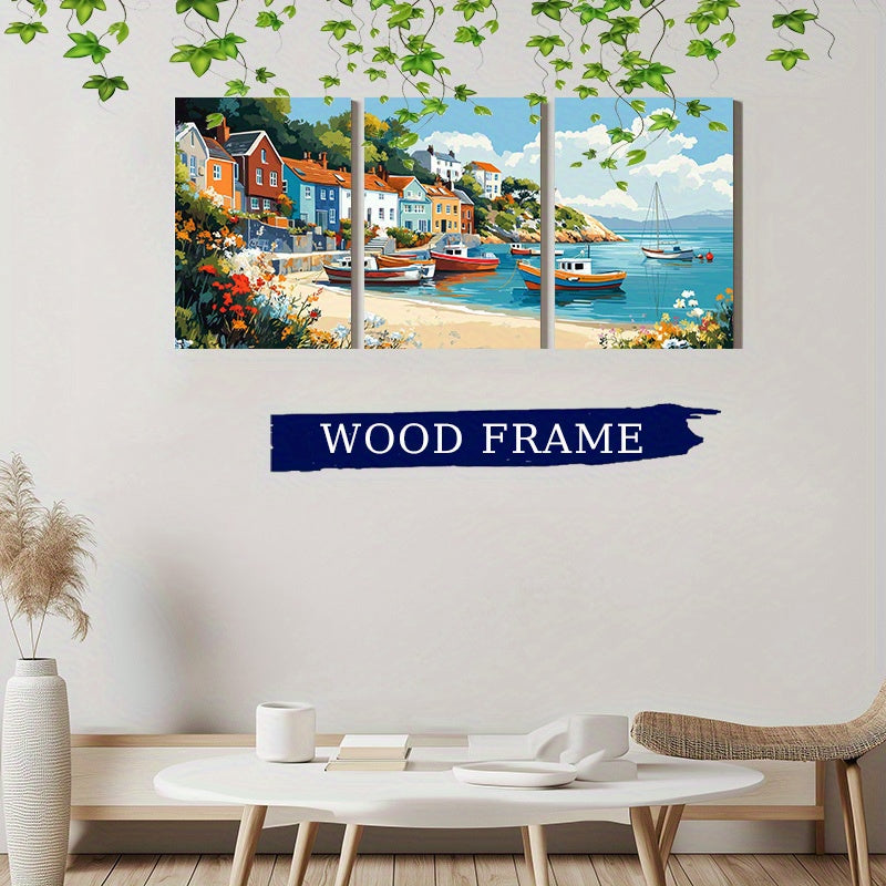 Coastal Village Canvas Wall Art - 3pcs Framed Boat and Seaside Town Print Set - 12x16 Inch Ready to Hang Paintings for Living Room, Dining Area Decoration
