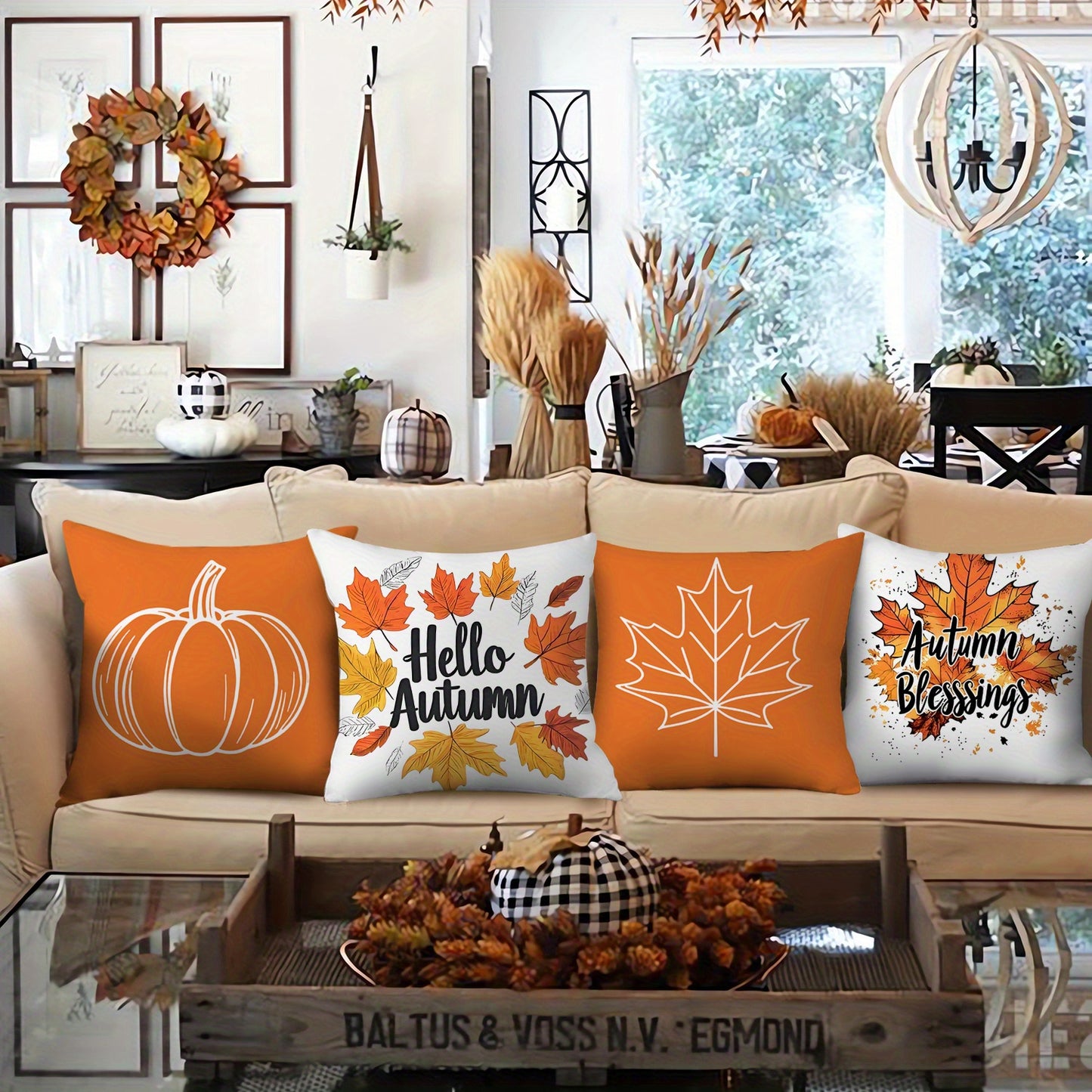 4pcs Autumn Blessings Hello Autumn Throw Pillow Covers Orange & White Maple Leaves Pumpkin Fall Farmhouse Thanksgiving Day Decorative Cushion Case for Bedroom Sofa Couch
